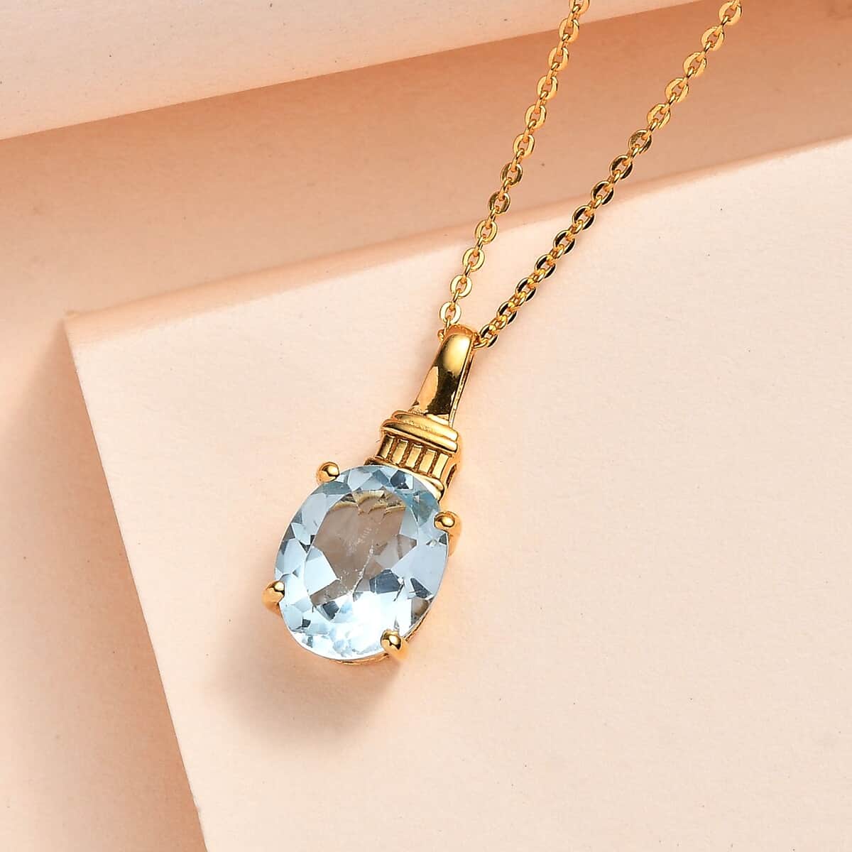 Sky Blue Topaz Solitaire Pendant Necklace 20 Inches in Vermeil Yellow Gold Over Sterling Silver 2.85 ctw image number 1