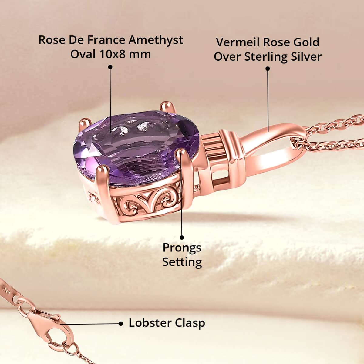 Rose De France Amethyst Solitaire Pendant Necklace 20 Inches in Vermeil Rose Gold Over Sterling Silver 2.35 ctw image number 4