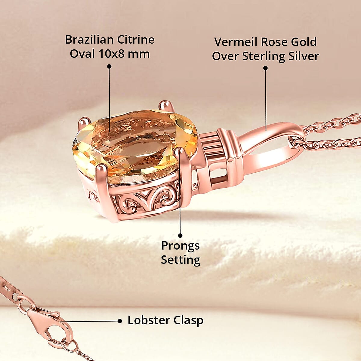 Brazilian Citrine Pendant Necklace 20 Inches in Vermeil Rose Gold Over Sterling Silver 2.50 ctw image number 4