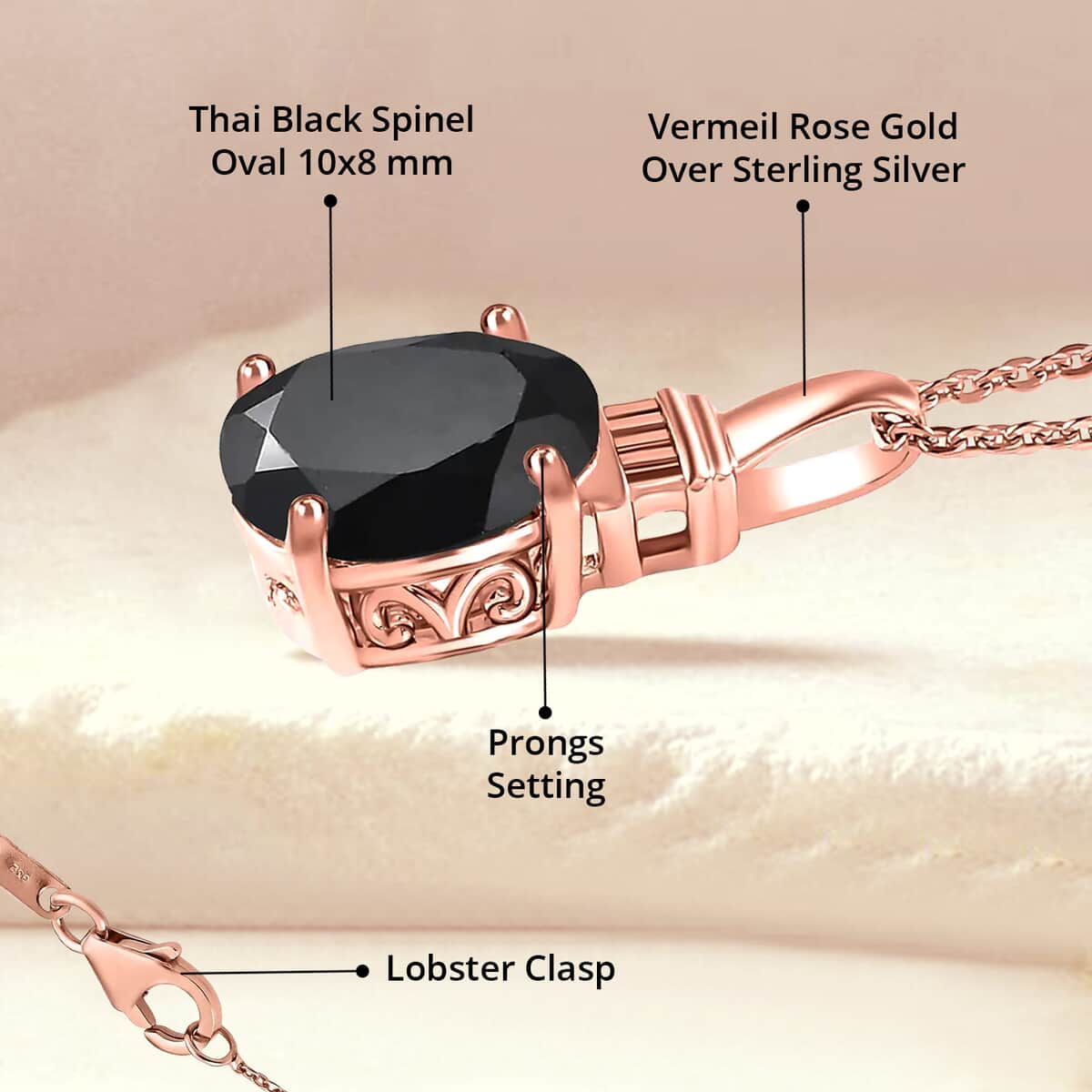 Black Spinel Solitaire Pendant Necklace 20 Inches in Vermeil Rose Gold Over Sterling Silver 3.15 ctw image number 4