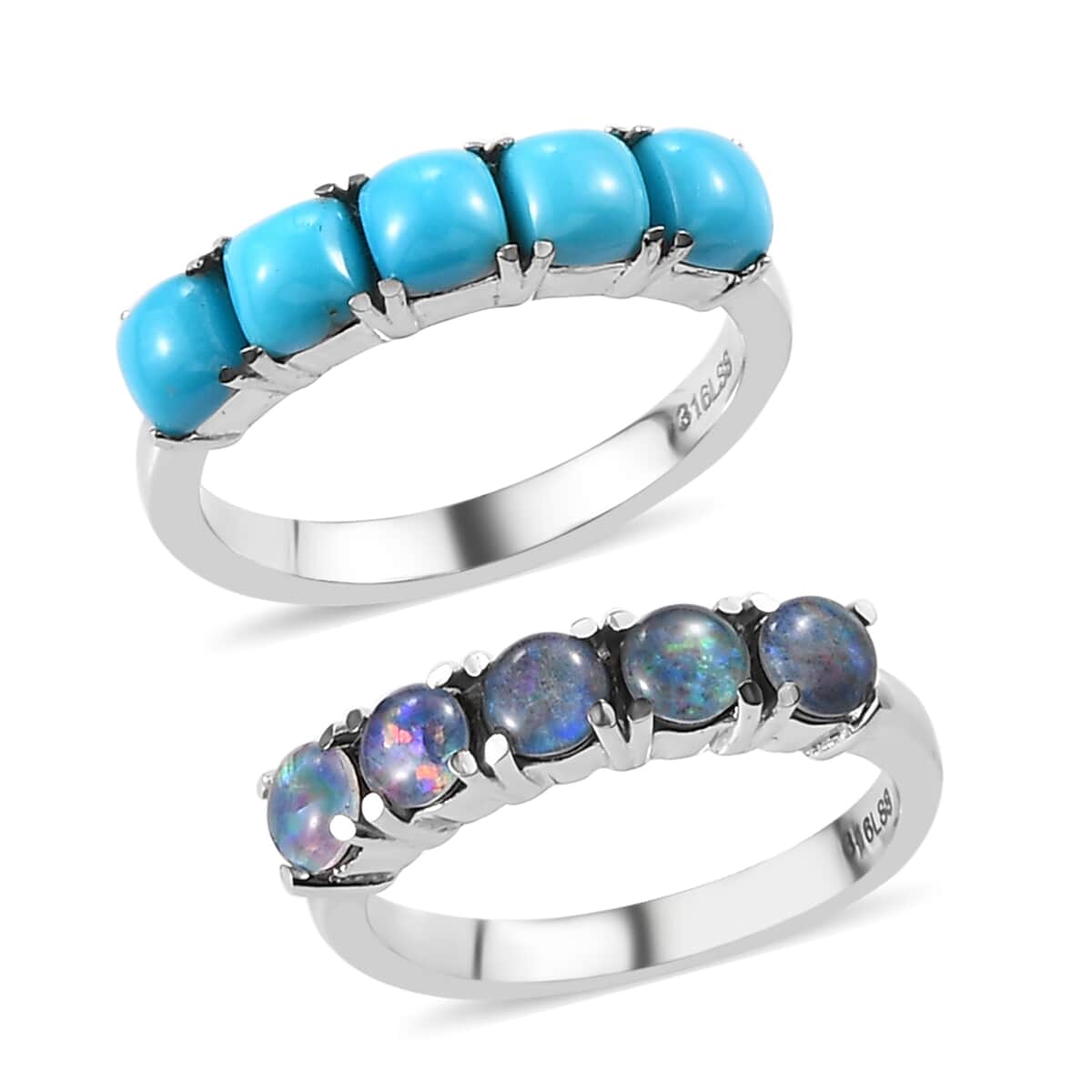 Premium Sleeping Beauty Turquoise and Boulder Opal Triplet 5 Stone Set of 2 Ring in Stainless Steel 2.85 ctw image number 0