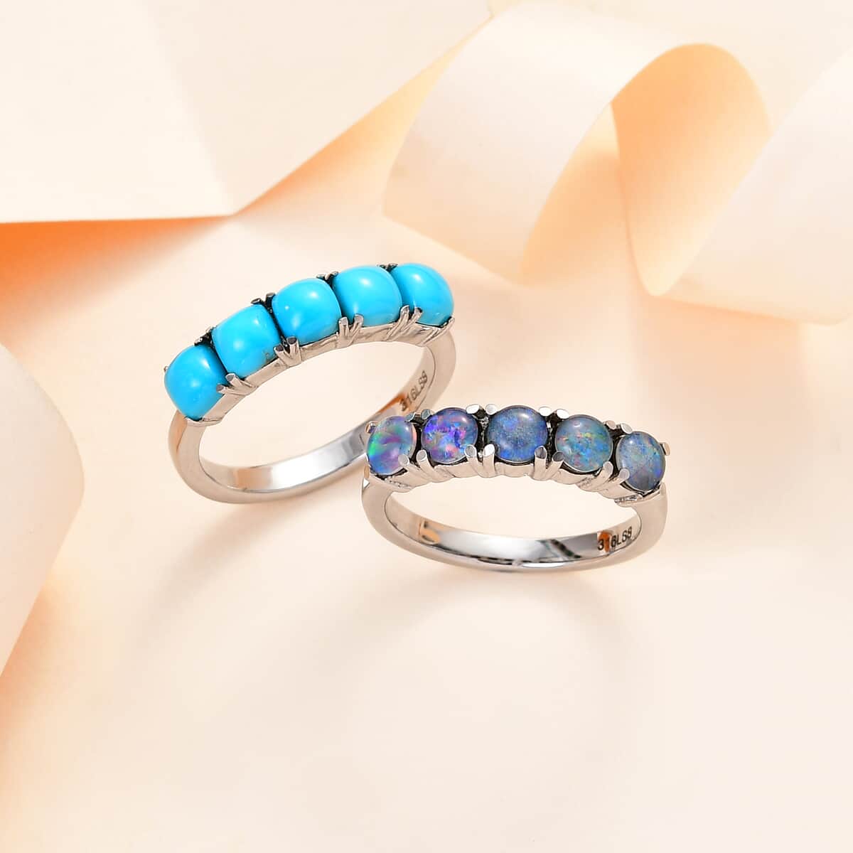 Premium Sleeping Beauty Turquoise and Boulder Opal Triplet 5 Stone Set of 2 Ring in Stainless Steel 2.85 ctw image number 1