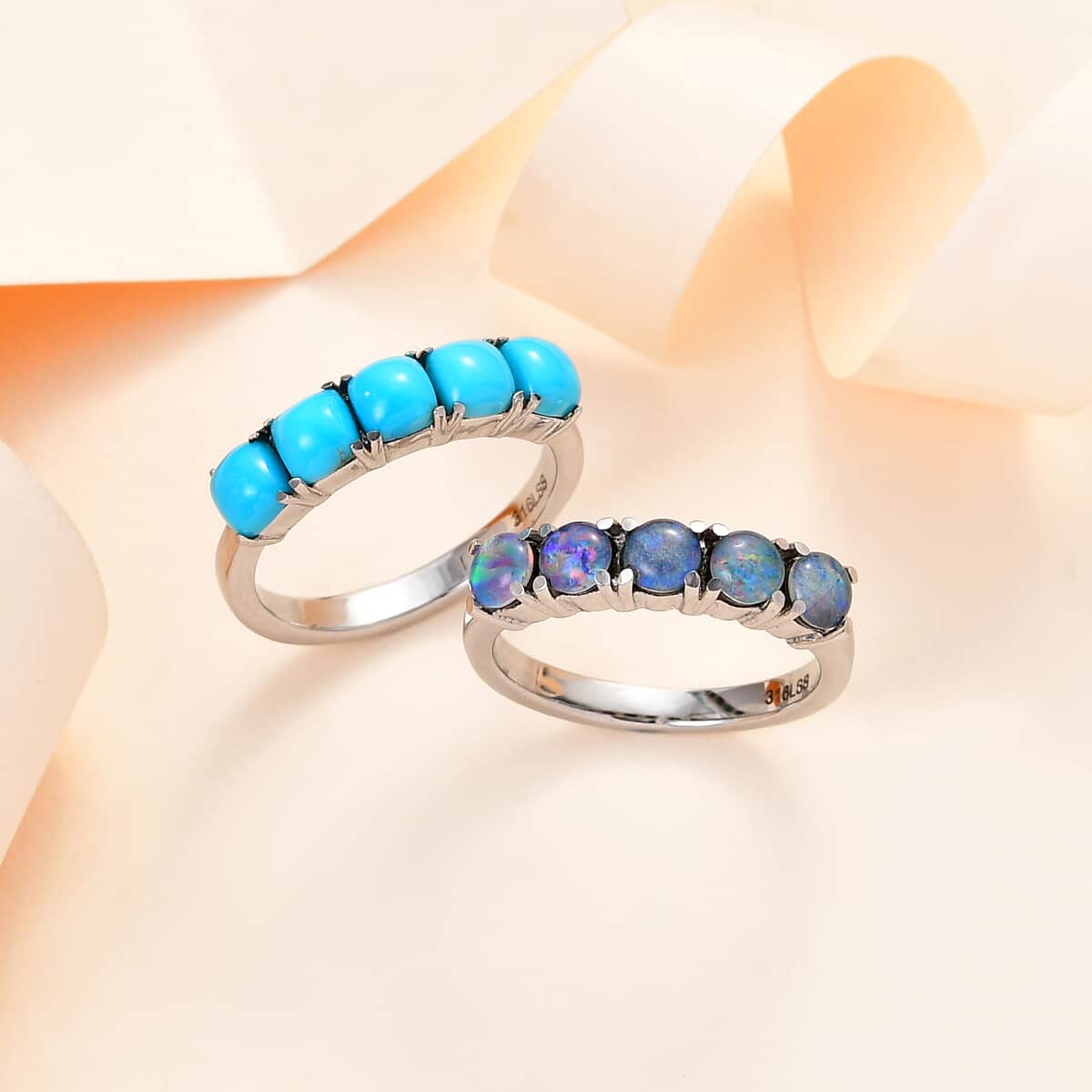 Premium Sleeping Beauty Turquoise and Boulder Opal Triplet 5 Stone Set of 2 Ring in Stainless Steel (Size 7) 2.85 ctw image number 1