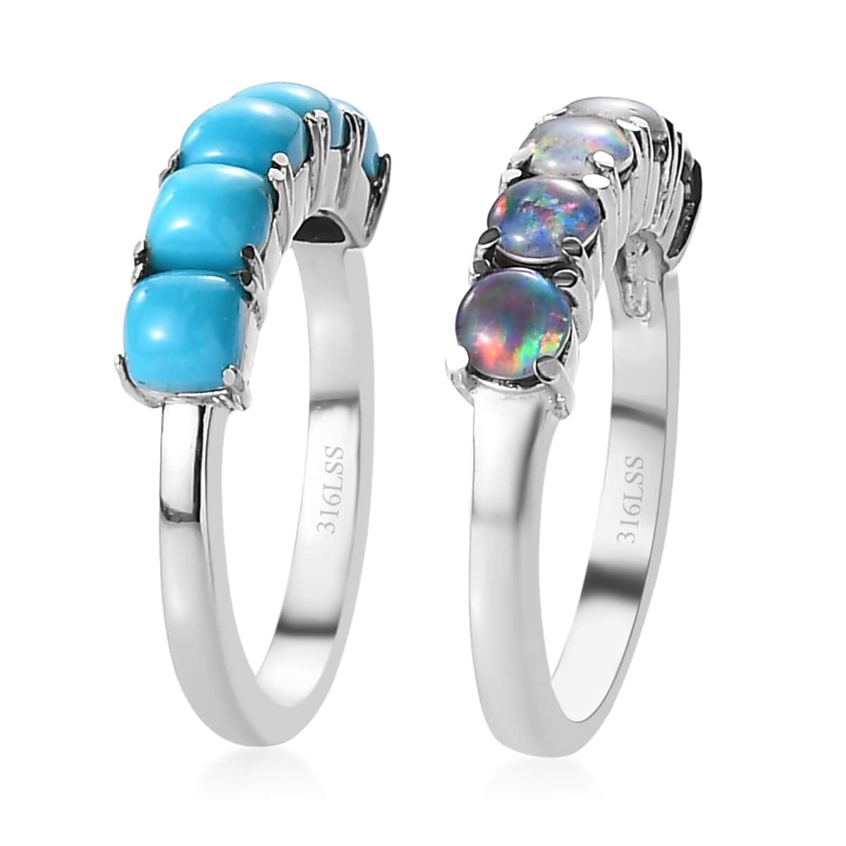 Premium Sleeping Beauty Turquoise and Boulder Opal Triplet 5 Stone Set of 2 Ring in Stainless Steel (Size 7) 2.85 ctw image number 3