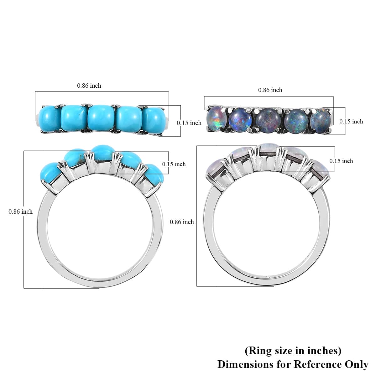 Premium Sleeping Beauty Turquoise and Boulder Opal Triplet 5 Stone Set of 2 Ring in Stainless Steel (Size 7) 2.85 ctw image number 5