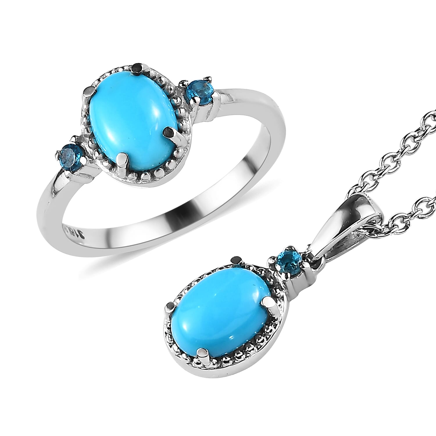 Premium Sleeping Beauty Turquoise and Malgache Neon Apatite Ring Size 5 and Pendant Necklace 20 Inches in Stainless Steel 2.10 ctw