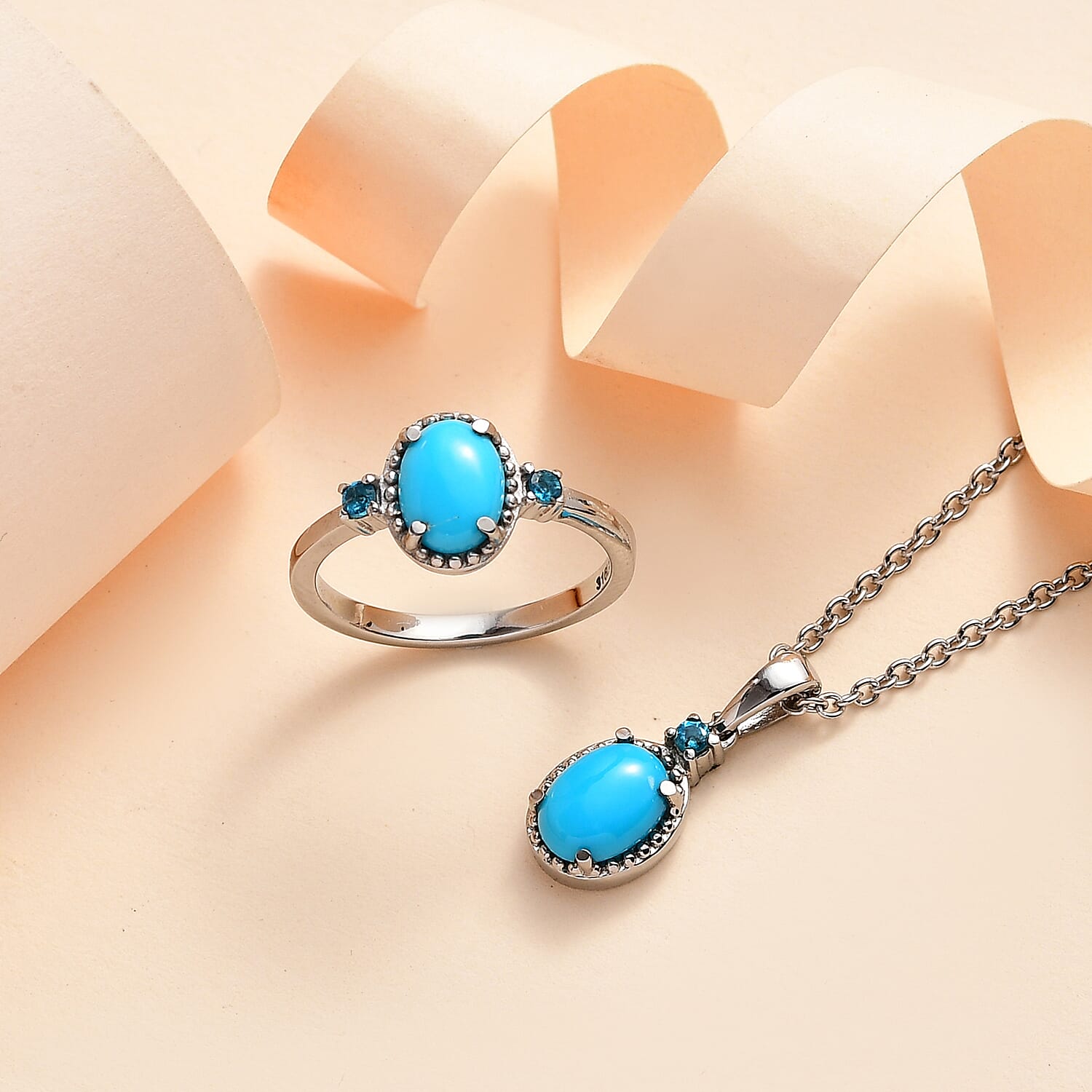 Premium Sleeping Beauty Turquoise and Malgache Neon Apatite Ring Size 5 and Pendant Necklace 20 Inches in Stainless Steel 2.10 ctw