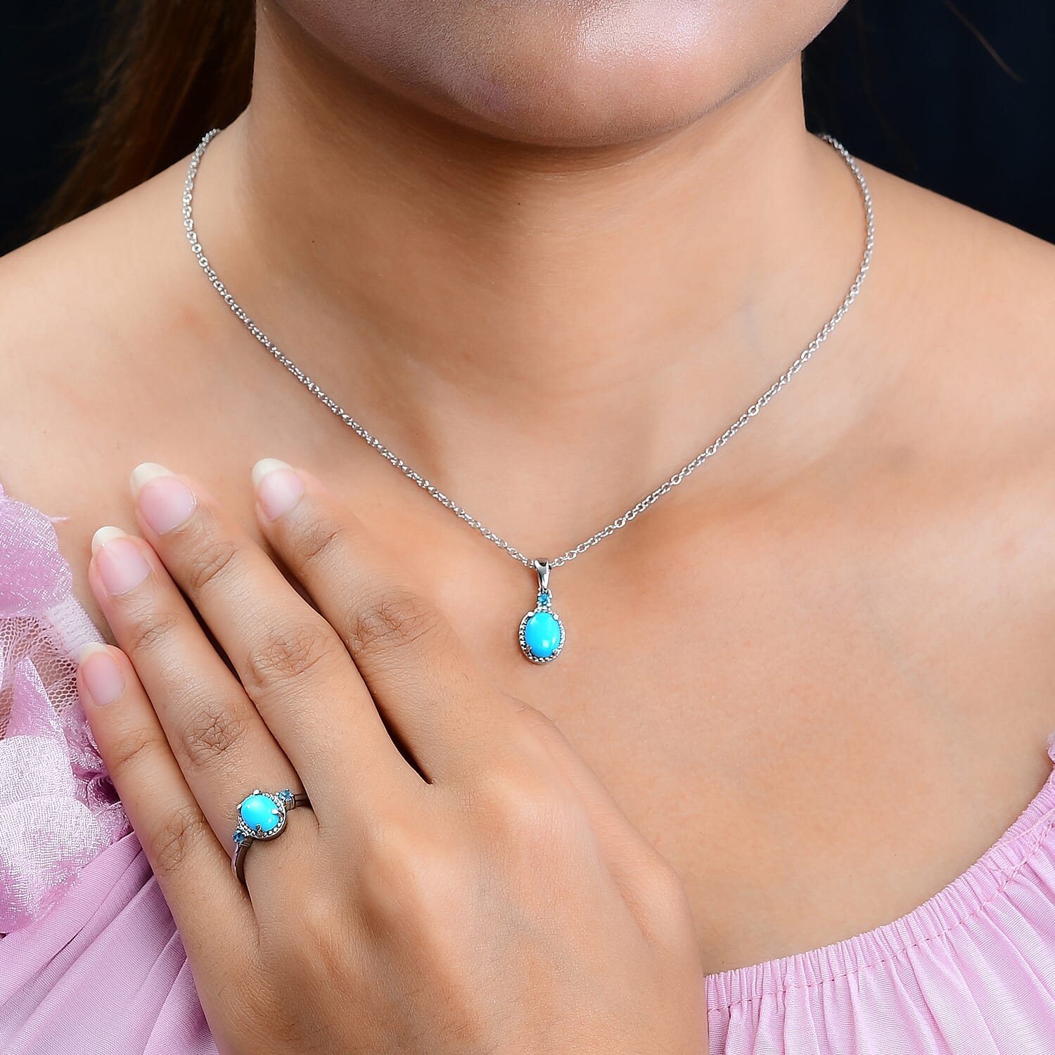 Premium Sleeping Beauty Turquoise and Malgache Neon Apatite Ring Size 5 and Pendant Necklace 20 Inches in Stainless Steel 2.10 ctw
