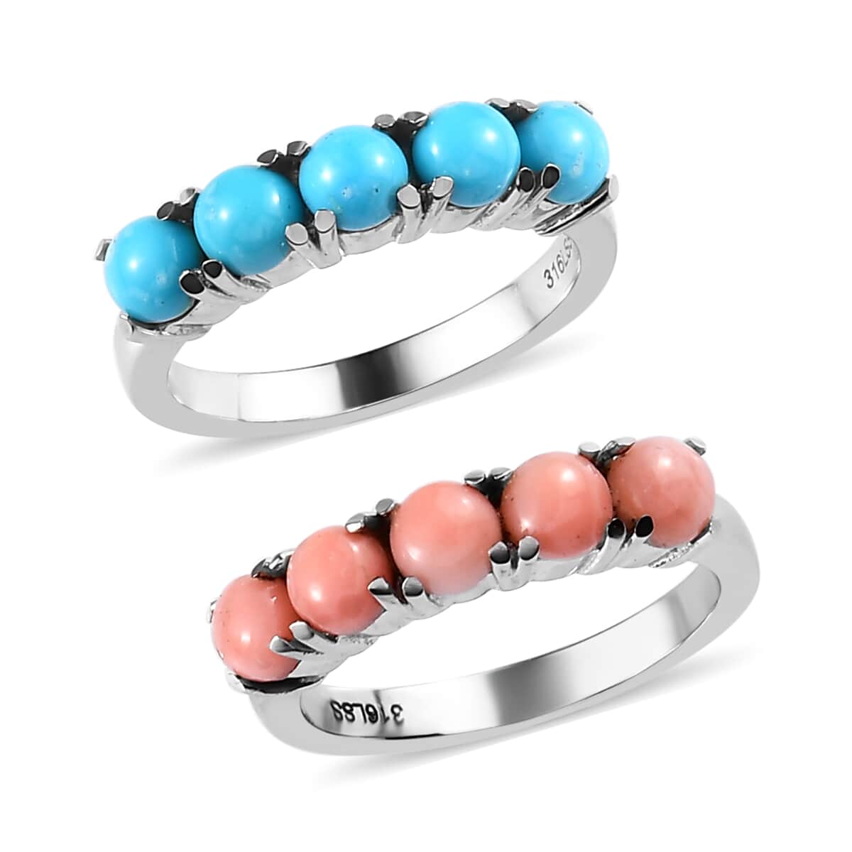 Premium Sleeping Beauty Turquoise and Peach Opal 5 Stone Set of 2 Ring in Stainless Steel (Size 5) 2.35 ctw image number 0