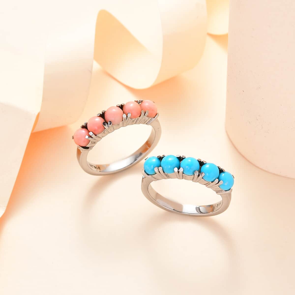 Premium Sleeping Beauty Turquoise and Peach Opal 5 Stone Set of 2 Ring in Stainless Steel (Size 5) 2.35 ctw image number 1