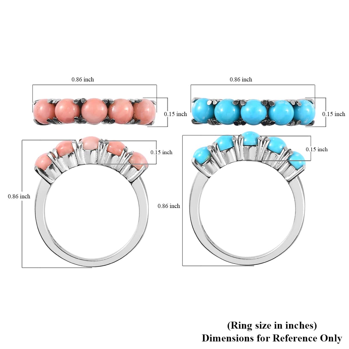 Premium Sleeping Beauty Turquoise and Peach Opal 5 Stone Set of 2 Ring in Stainless Steel (Size 5) 2.35 ctw image number 5