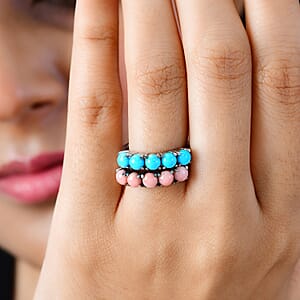 Premium Sleeping Beauty Turquoise and Peach Opal 5 Stone Set of 2 Ring in Stainless Steel (Size 6) 2.35 ctw