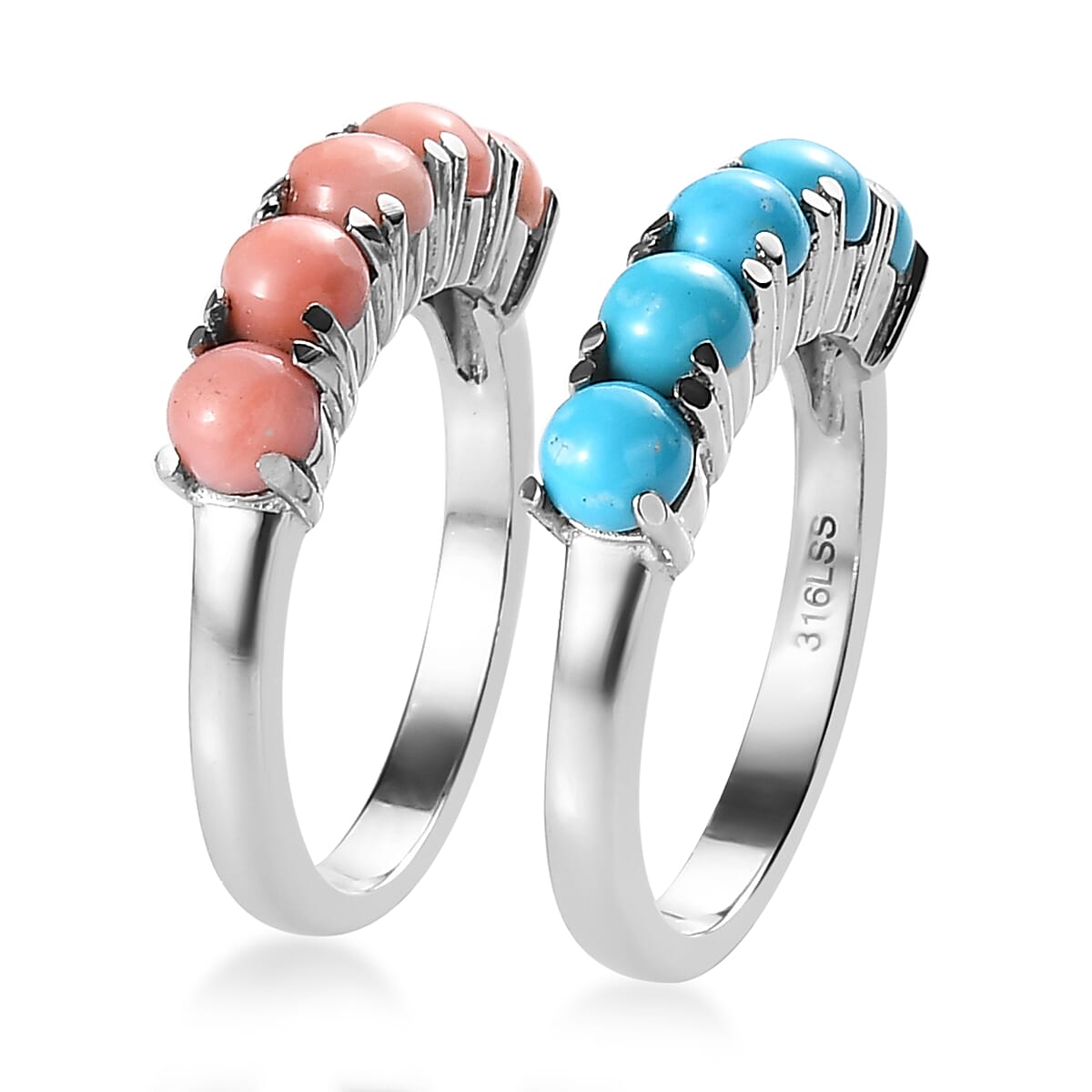Premium Sleeping Beauty Turquoise and Peach Opal 5 Stone Set of 2 Ring in Stainless Steel (Size 6) 2.35 ctw image number 3
