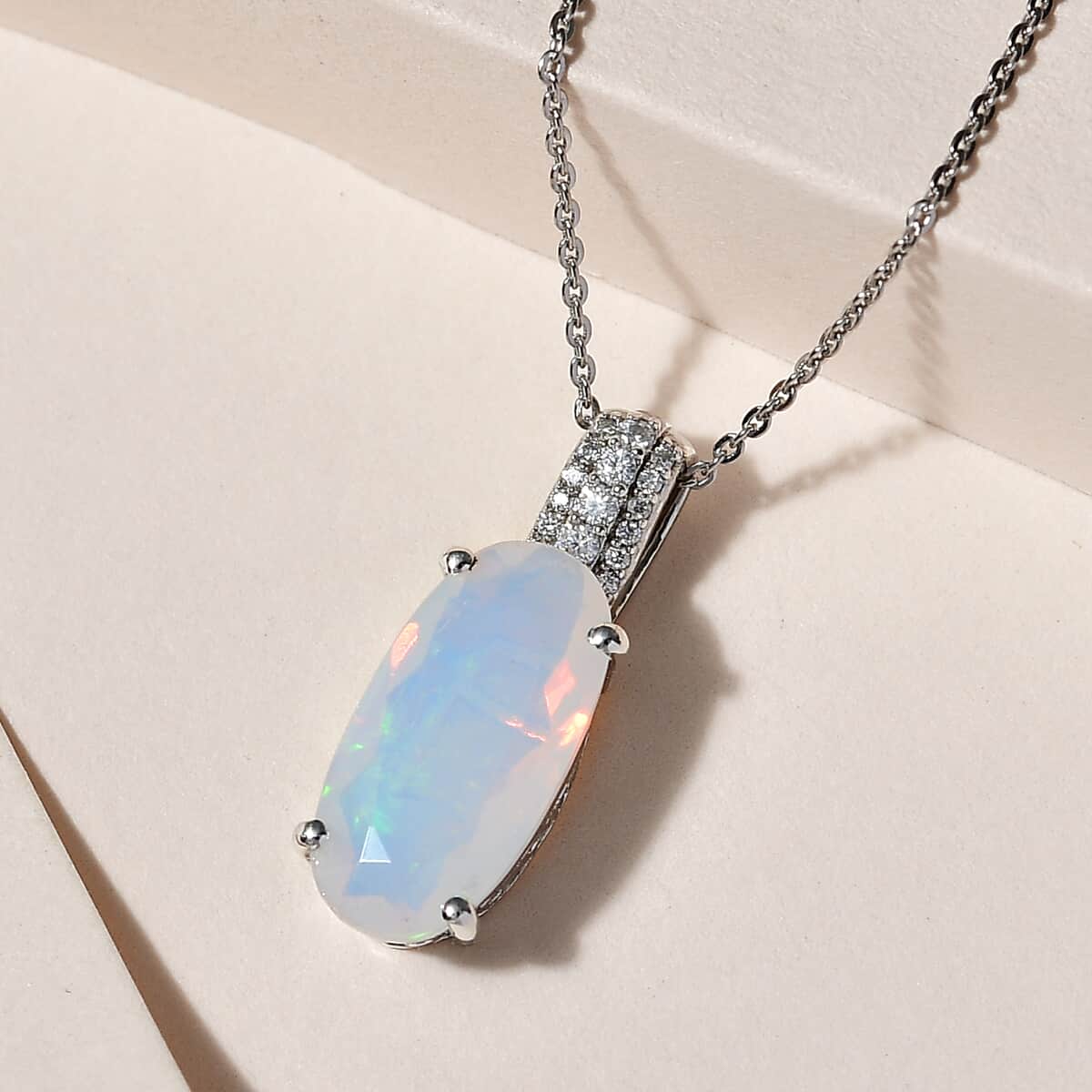 AAA Ethiopian Welo Opal and Moissanite Pendant Necklace 20 Inches in Platinum Over Sterling Silver 2.90 ctw image number 1