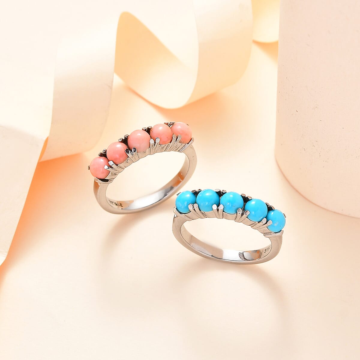 Premium Sleeping Beauty Turquoise and Peach Opal 5 Stone Set of 2 Ring in Stainless Steel (Size 8) 2.35 ctw image number 1