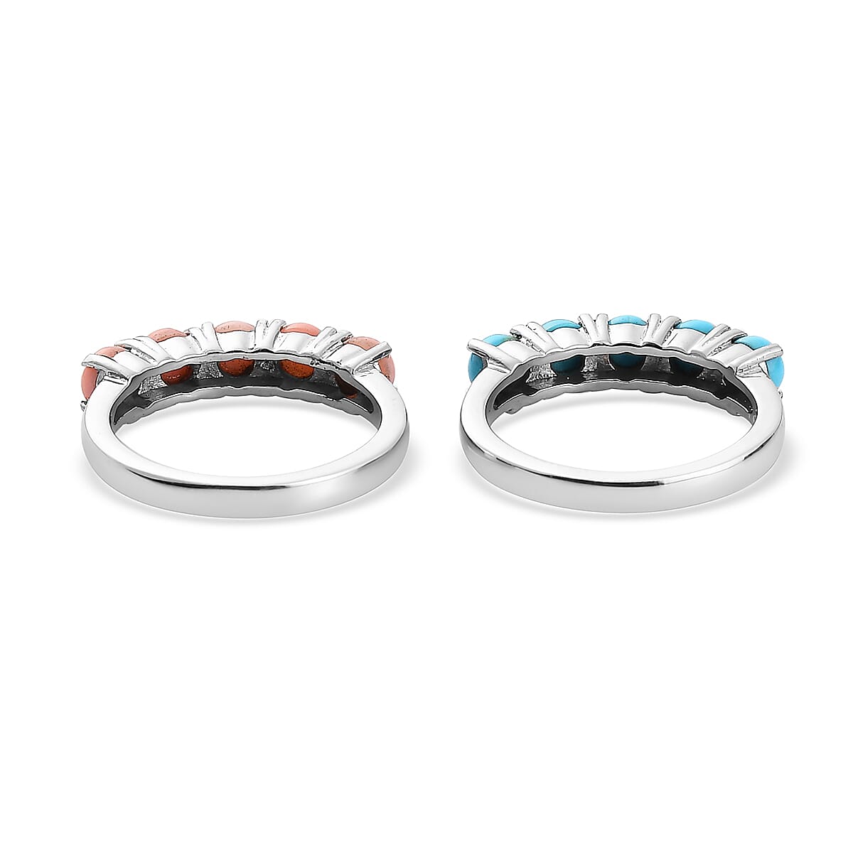 Premium Sleeping Beauty Turquoise and Peach Opal 5 Stone Set of 2 Ring in Stainless Steel (Size 8) 2.35 ctw image number 4