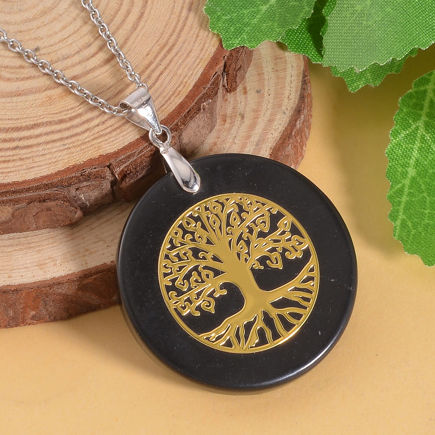 Shungite 30mm Tree of Life Pendant in Rhodium Over Sterling Silver with Stainless Steel Necklace 20 Inches 35.00 ctw