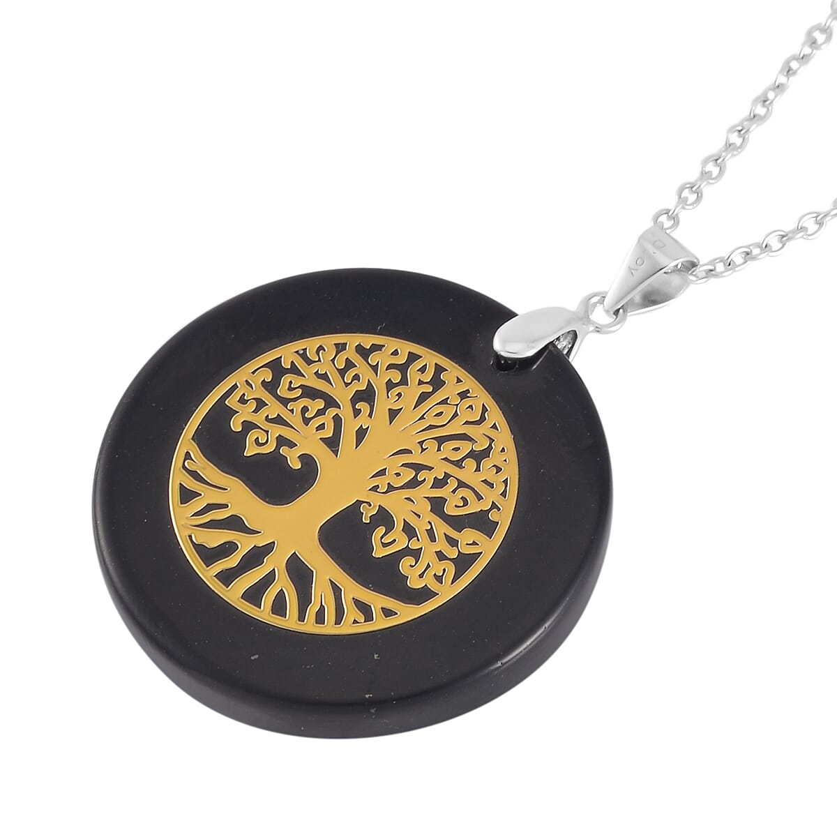 Shungite 30mm Tree of Life Pendant in Rhodium Over Sterling Silver with Stainless Steel Necklace 20 Inches 35.00 ctw