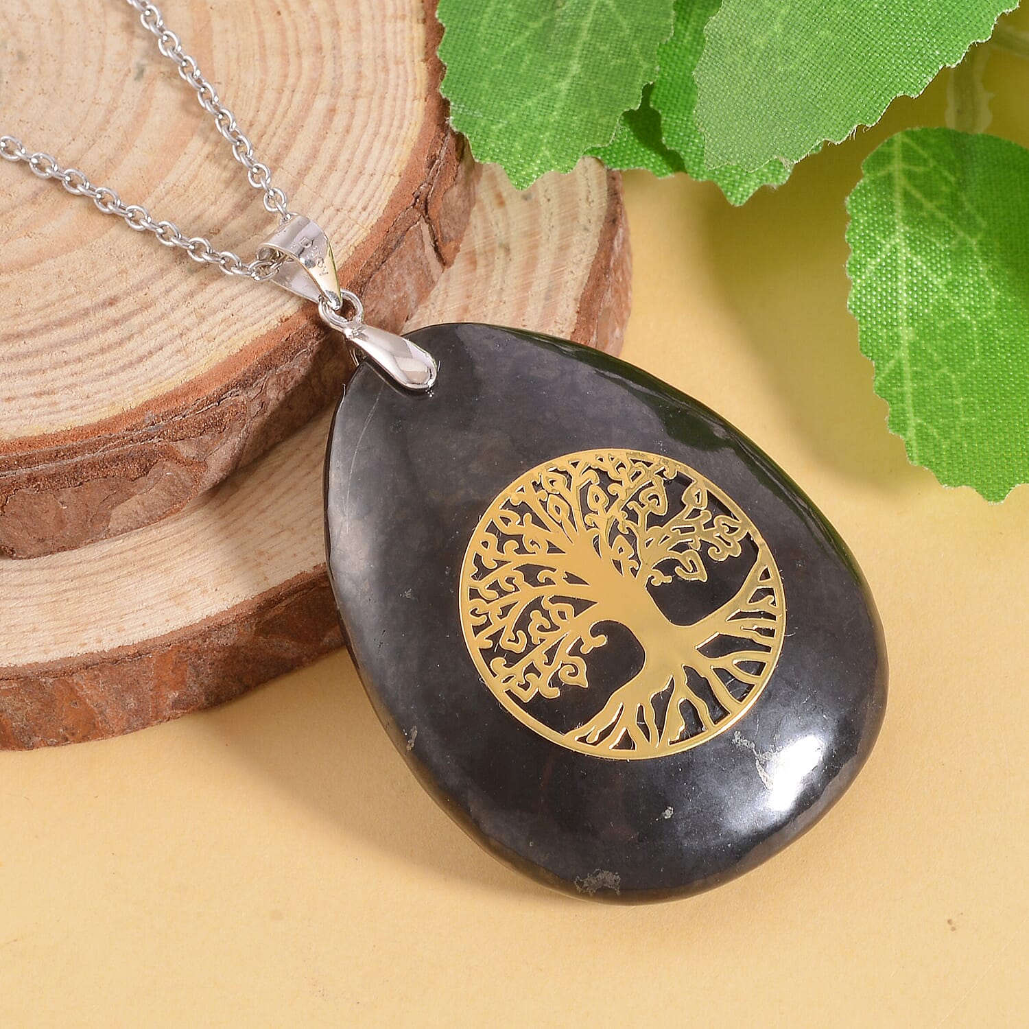 Shungite Life Of Tree Pendant in Rhodium Over Sterling Silver with Stainless Steel Necklace 20 Inches 87.90 ctw