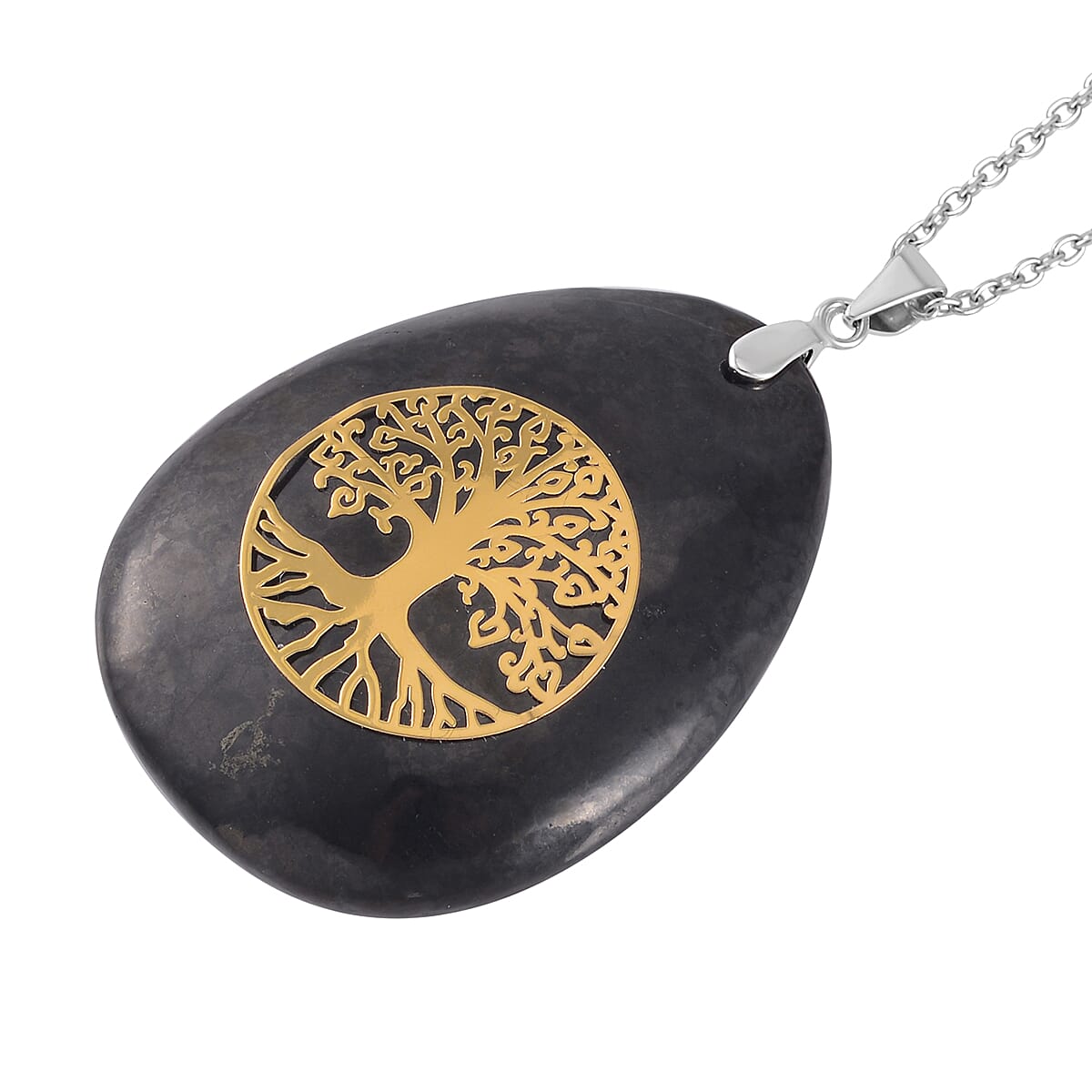Shungite Life Of Tree Pendant in Rhodium Over Sterling Silver with Stainless Steel Necklace 20 Inches 87.90 ctw