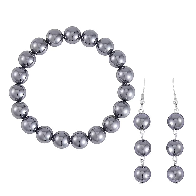 Terahertz 165.00 ctw Beaded Stretch Bracelet (6.5-7.0In) and Earrings in Stainless Steel