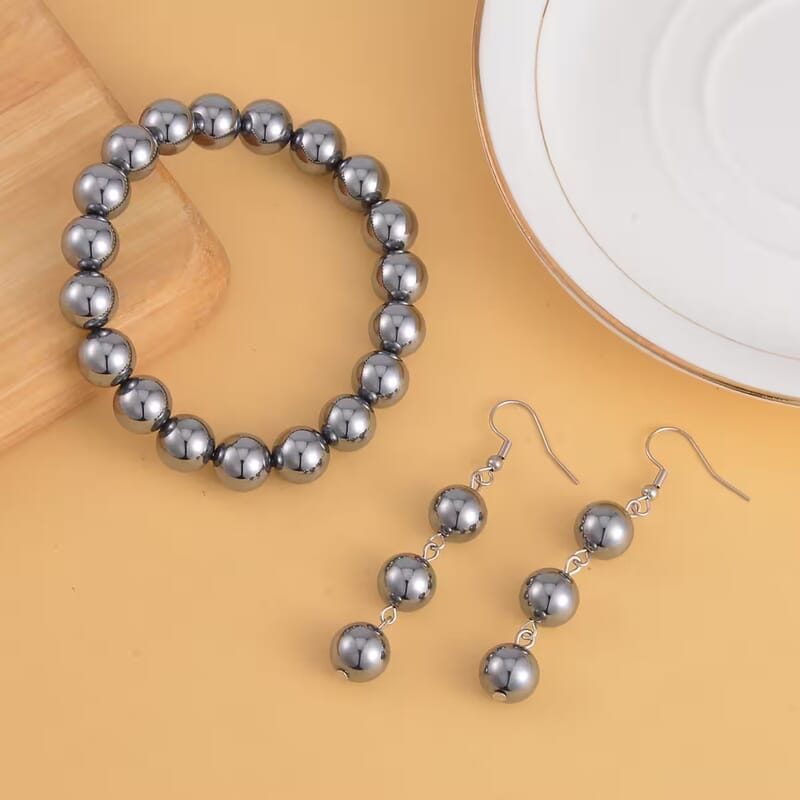 Terahertz 165.00 ctw Beaded Stretch Bracelet (6.5-7.0In) and Earrings in Stainless Steel
