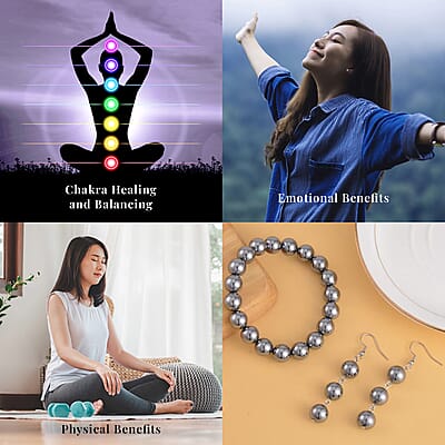 Terahertz 165.00 ctw Beaded Stretch Bracelet (6.5-7.0In) and Earrings in Stainless Steel