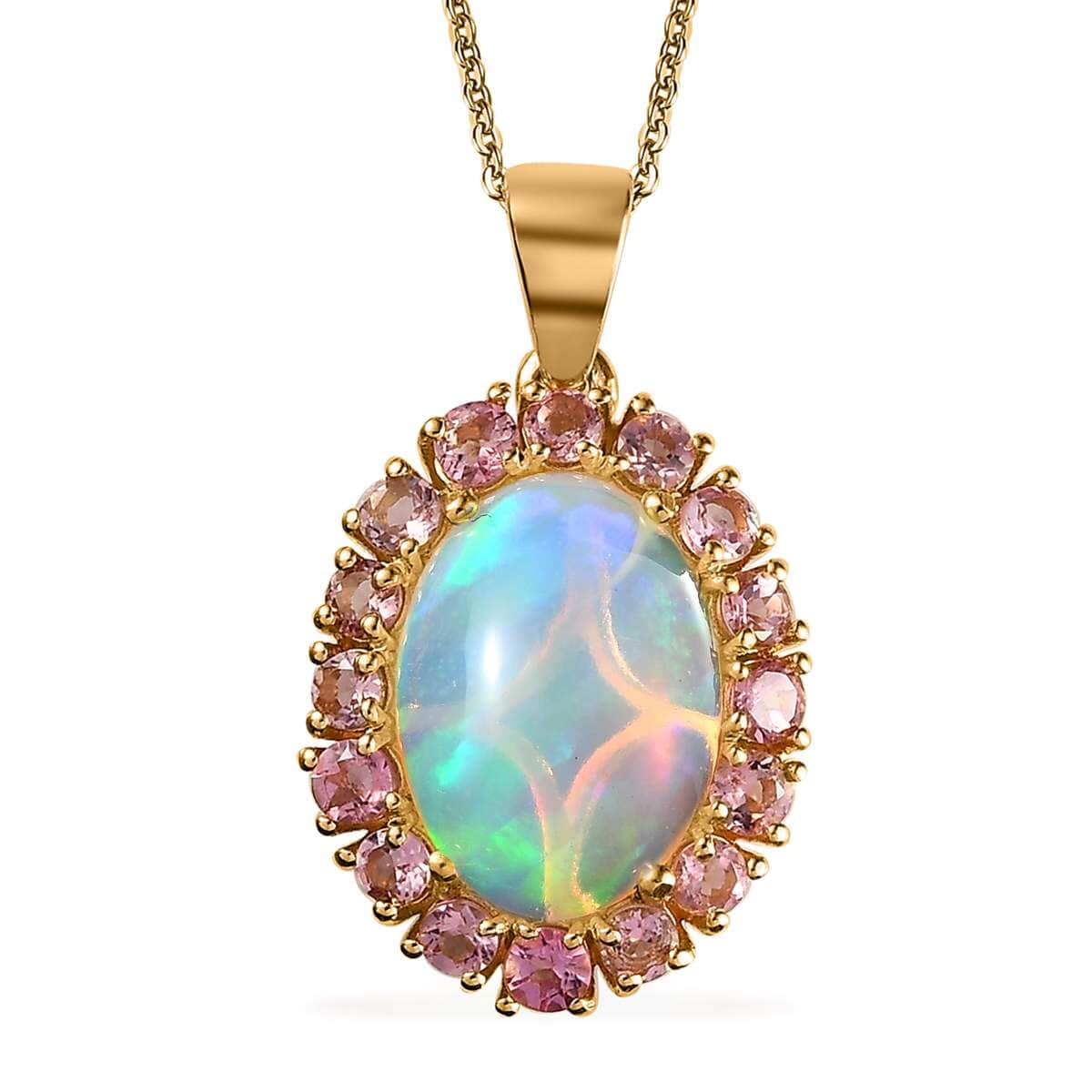 AAA Ethiopian Welo Opal and Morro Redondo Pink Tourmaline Halo 20 Inch Pendant Necklace in Vermeil Yellow Gold Over Sterling Silver, Opal Jewelry, Gift For Her 4.75 ctw image number 0