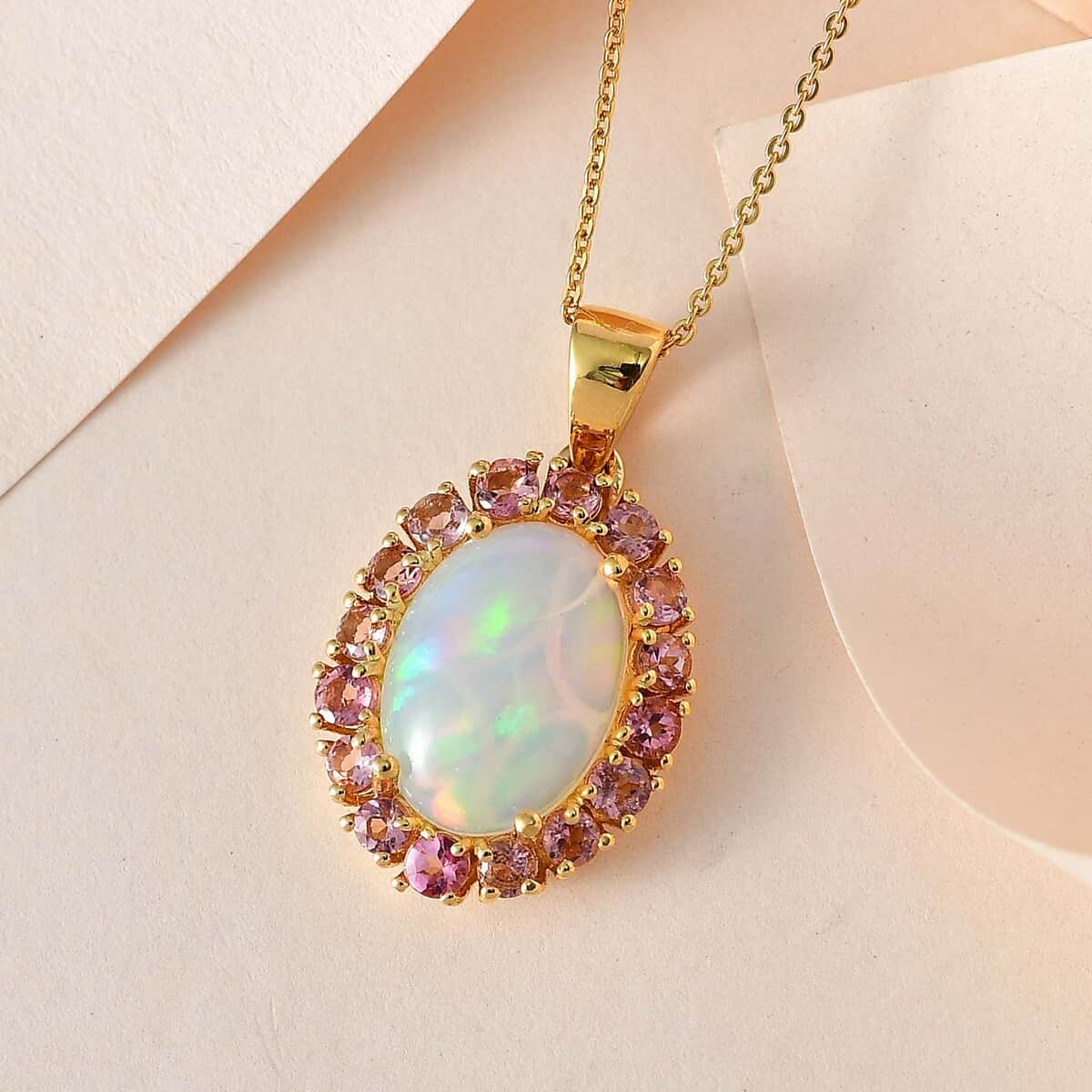 AAA Ethiopian Welo Opal and Morro Redondo Pink Tourmaline Halo 20 Inch Pendant Necklace in Vermeil Yellow Gold Over Sterling Silver, Opal Jewelry, Gift For Her 4.75 ctw image number 1