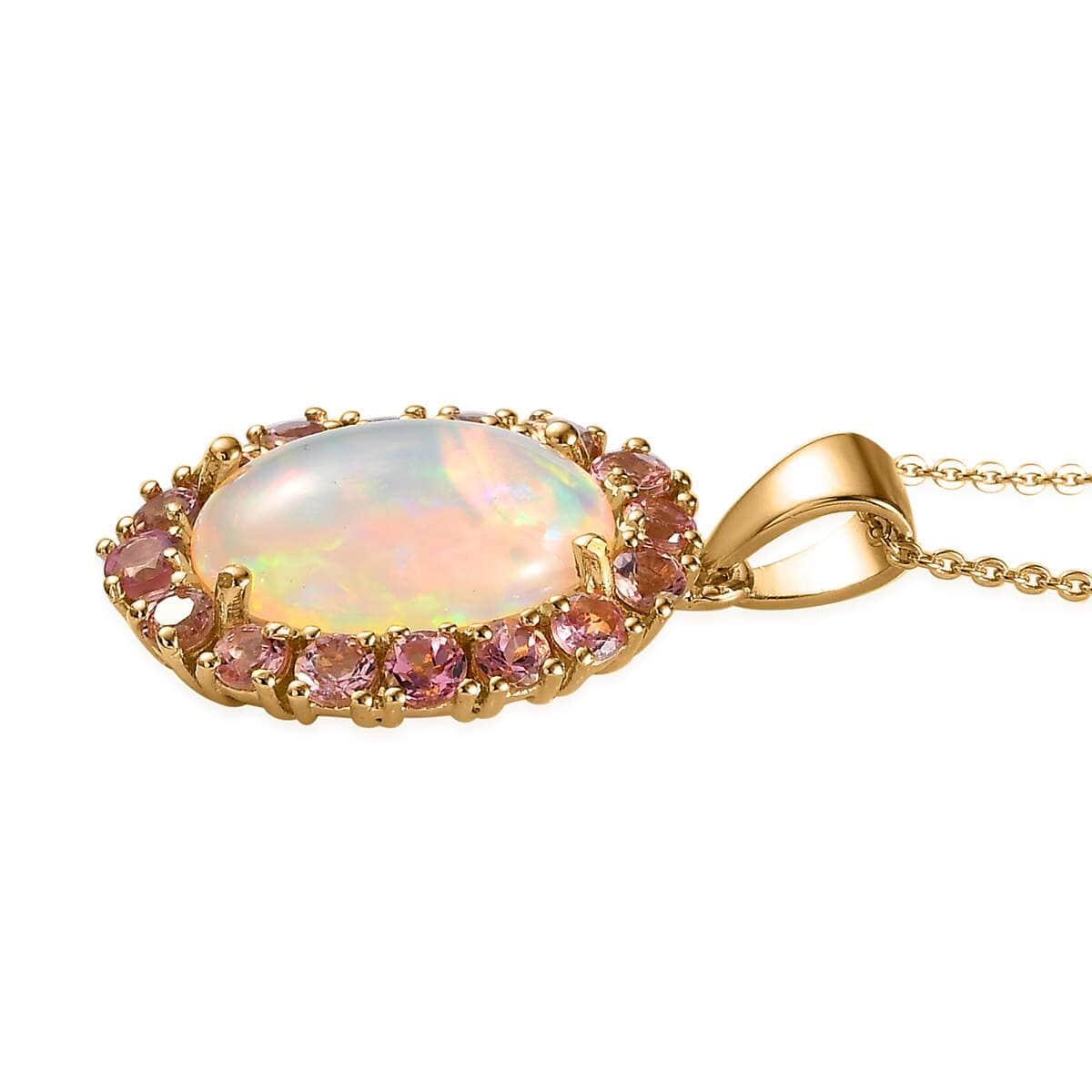 AAA Ethiopian Welo Opal and Morro Redondo Pink Tourmaline Halo 20 Inch Pendant Necklace in Vermeil Yellow Gold Over Sterling Silver, Opal Jewelry, Gift For Her 4.75 ctw image number 3