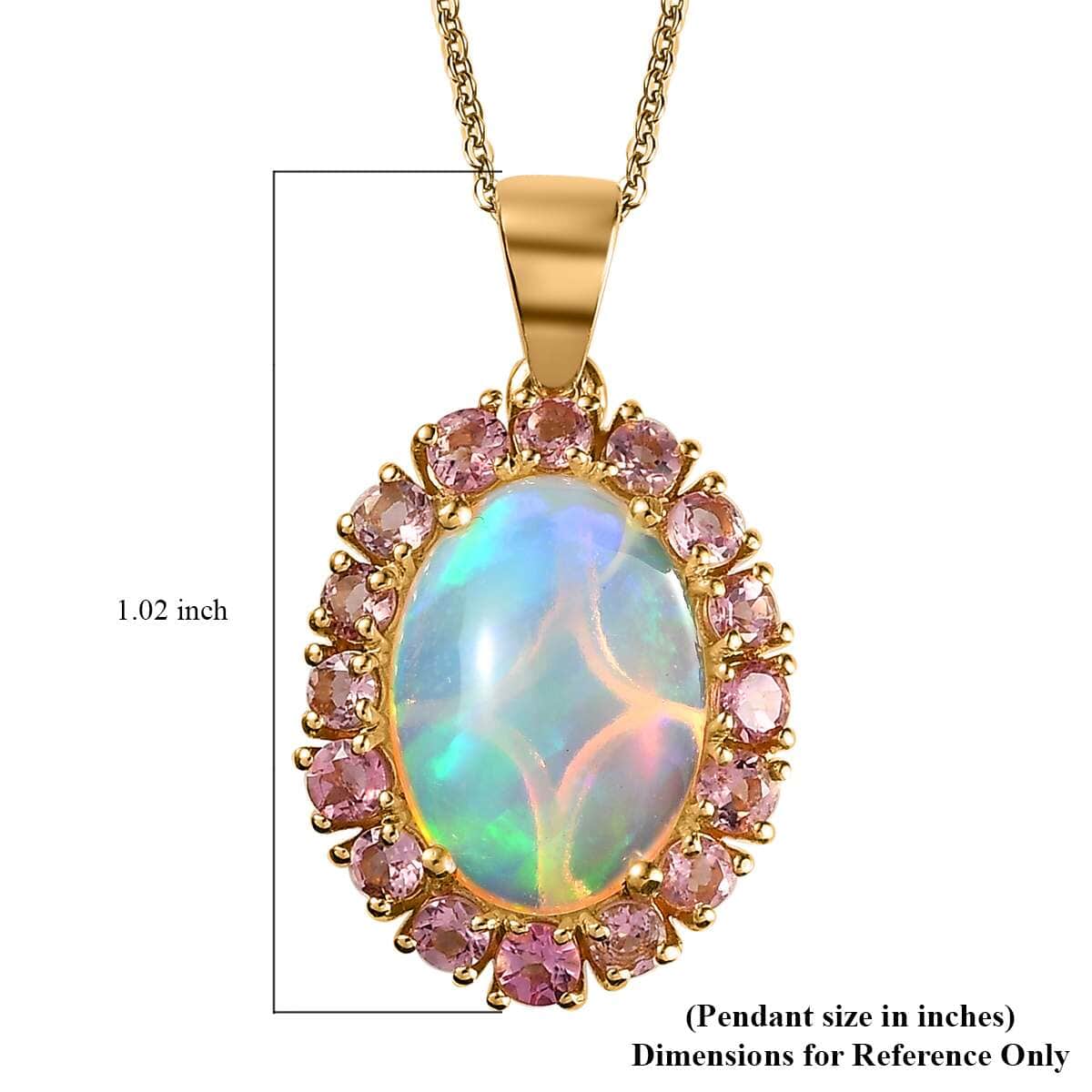 AAA Ethiopian Welo Opal and Morro Redondo Pink Tourmaline Halo 20 Inch Pendant Necklace in Vermeil Yellow Gold Over Sterling Silver, Opal Jewelry, Gift For Her 4.75 ctw image number 6