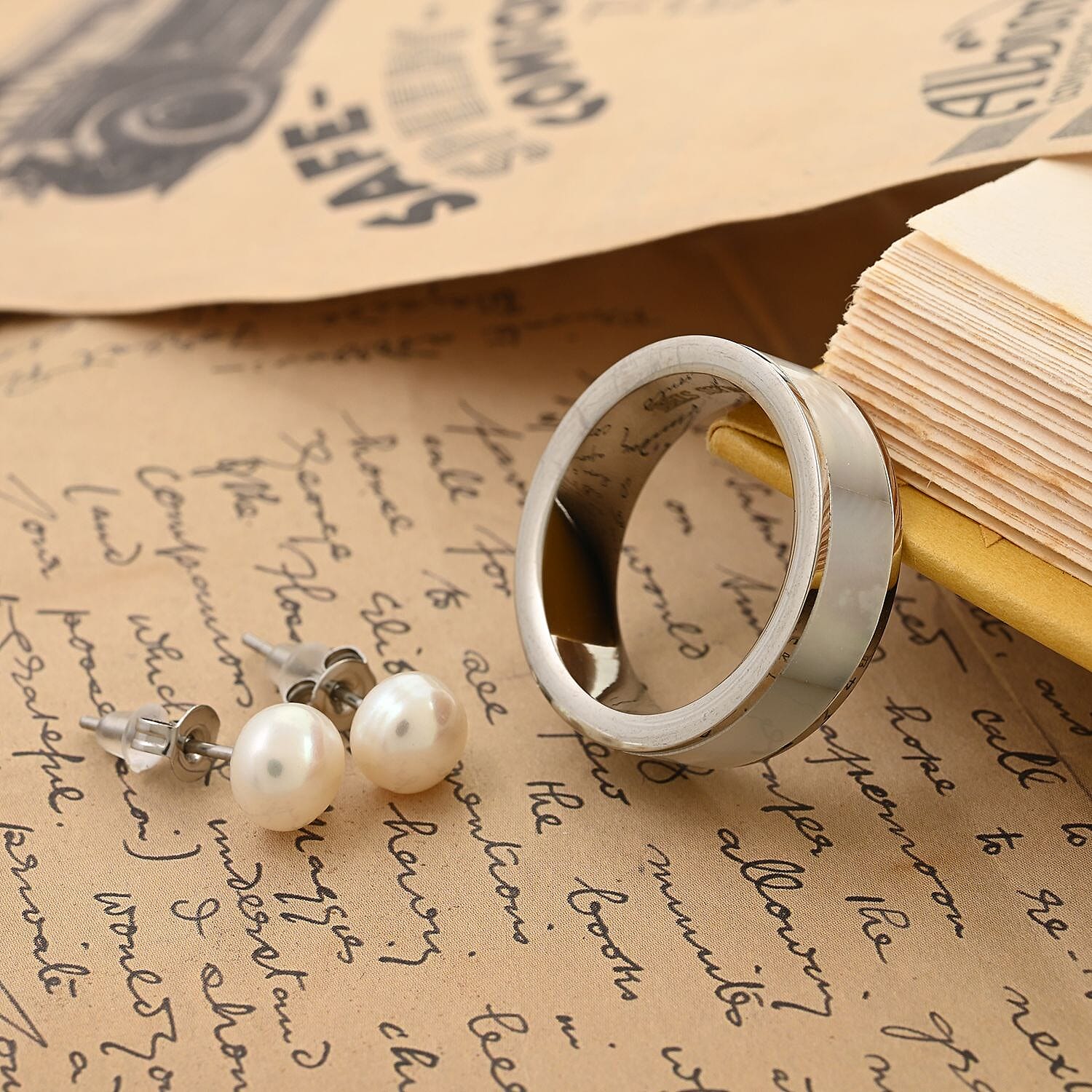 Mother Of Pearl and White Freshwater Pearl Ring (Size 6.0) and Earrings in Stainless Steel