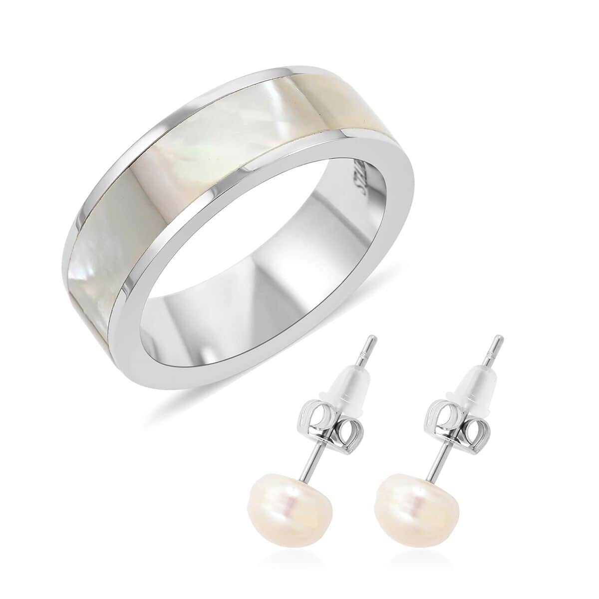 Mother Of Pearl and White Freshwater Pearl Ring (Size 7.0) and Earrings in Stainless Steel image number 0