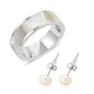 Mother Of Pearl and White Freshwater Pearl Ring (Size 7.0) and Earrings in Stainless Steel