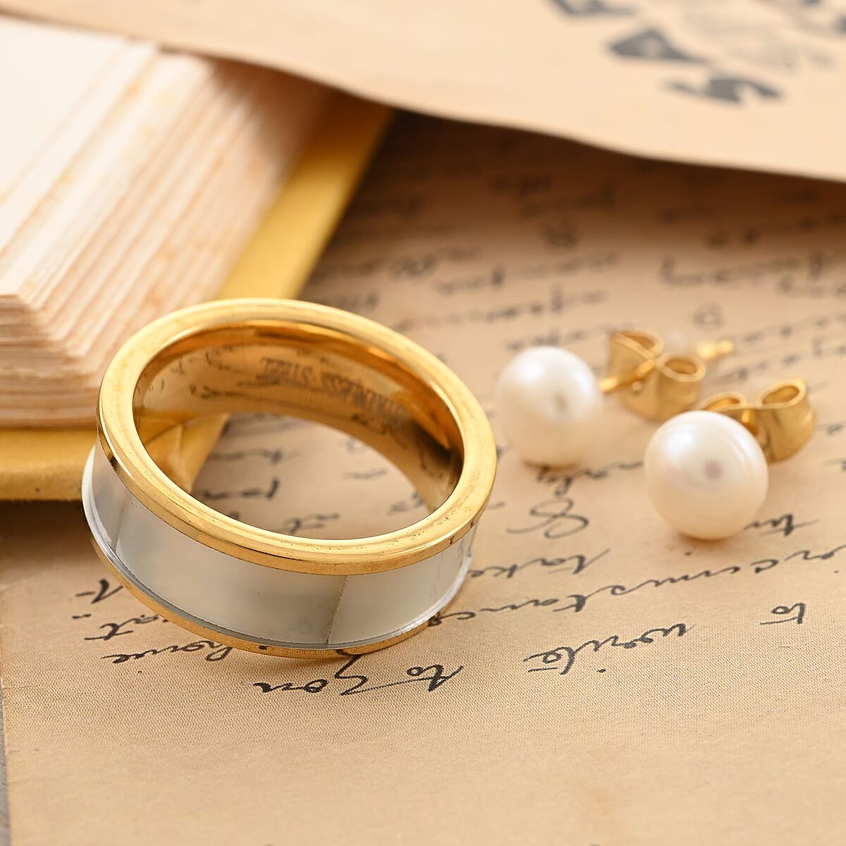 Mother Of Pearl and Freshwater Pearl Ring (Size 8.0) and Earrings in ION Plated YG Stainless Steel image number 1
