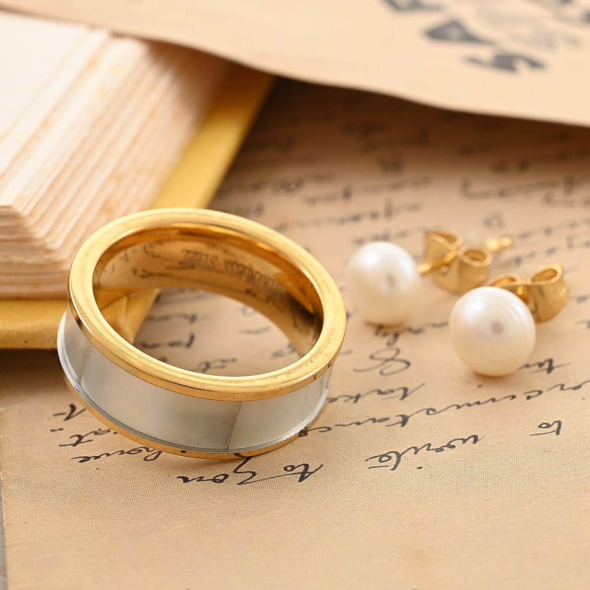 Mother Of Pearl and Freshwater Pearl Ring (Size 11.0) and Earrings in ION Plated YG Stainless Steel image number 1