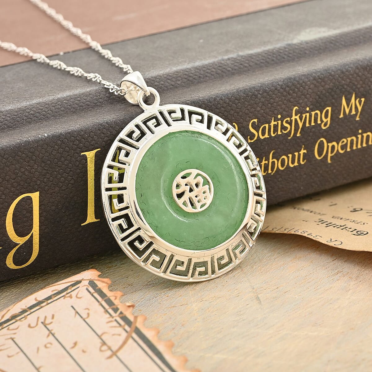 Green Jade (D) Circle Pendant Necklace 18-21 Inches in Sterling Silver 22.00 ctw image number 1