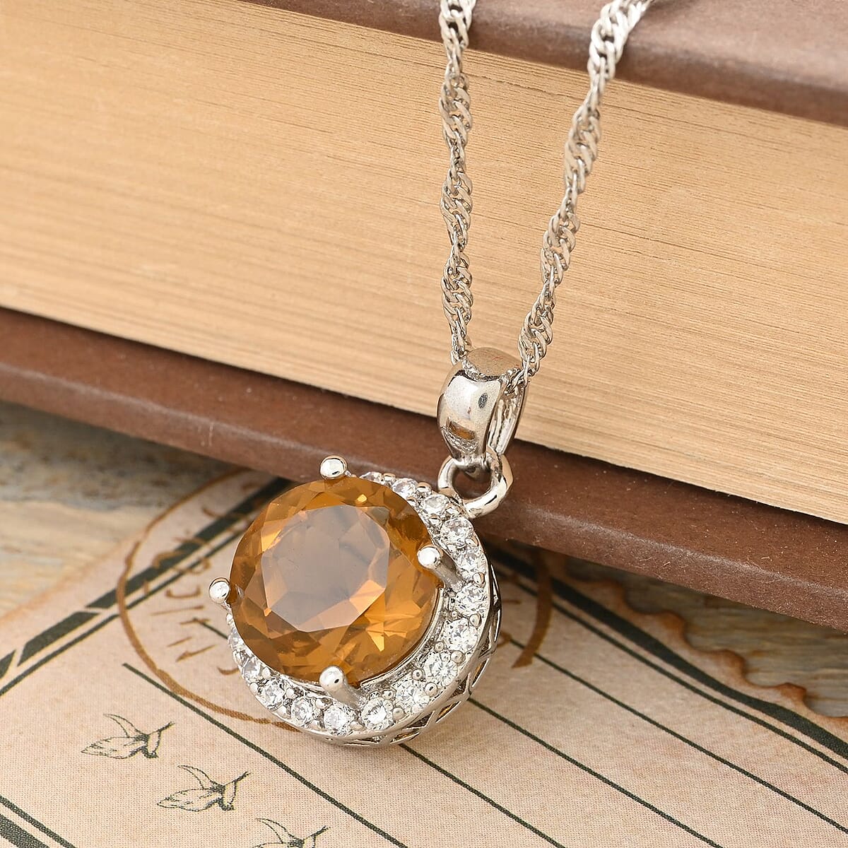 Cognac Topaz and Simulated Diamond Pendant Necklace 18-20 Inches in Sterling Silver 3.90 ctw image number 1