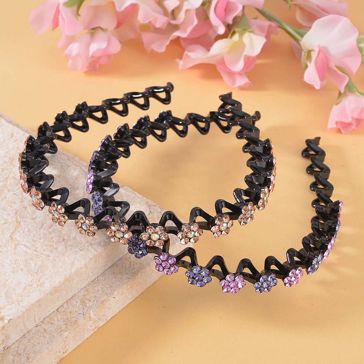Set of 2 Resin and Purple and Multi Color Austrian Crystal Hair Hoops, Crystal Hairband, Gemstone Embellished Hairband,  Wedding Crystal Headpiece image number 1