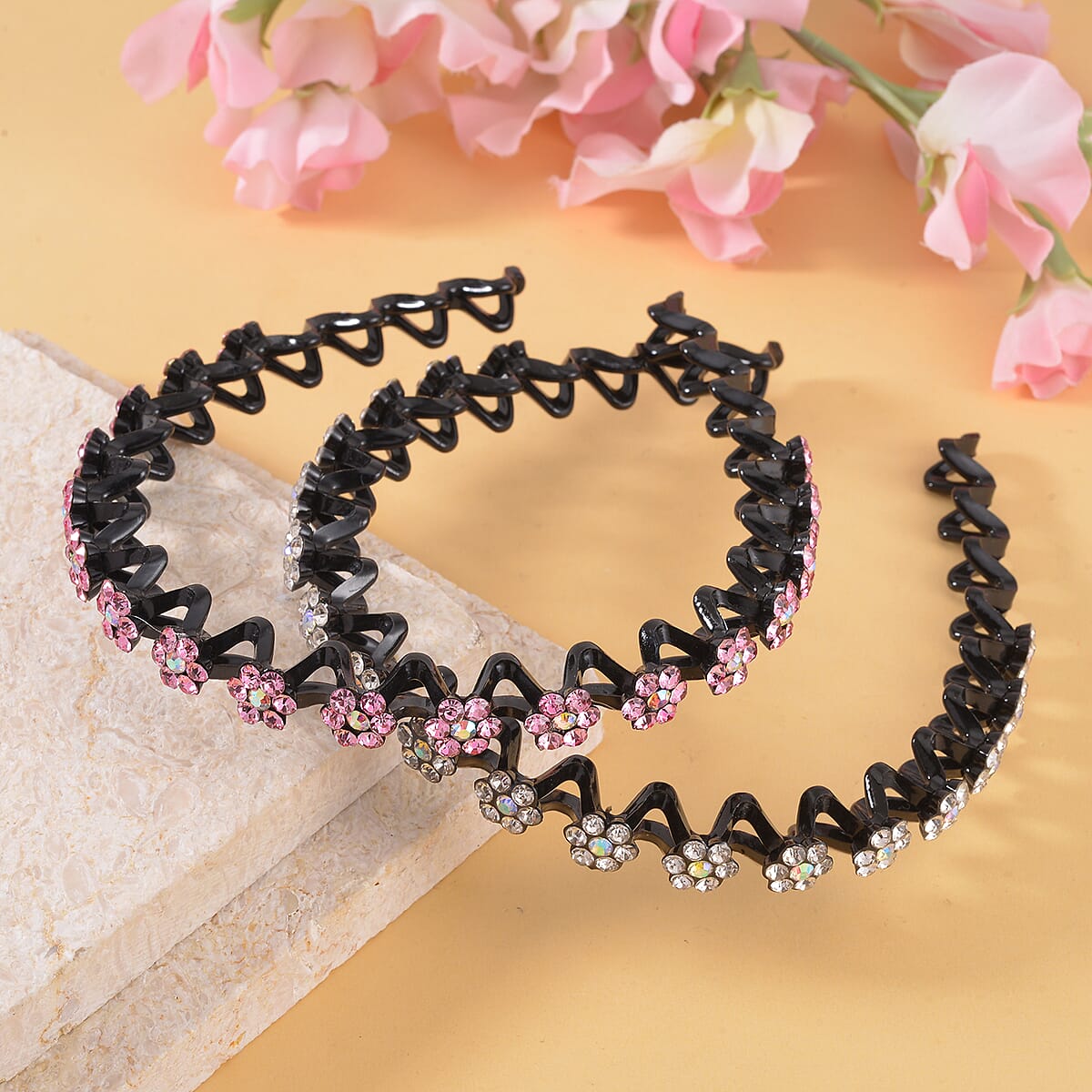 Set of 2 Resin and Pink and Multi Color Austrian Crystal Hair Hoops, Crystal Hairband, Gemstone Embellished Hairband,  Wedding Crystal Headpiece image number 1