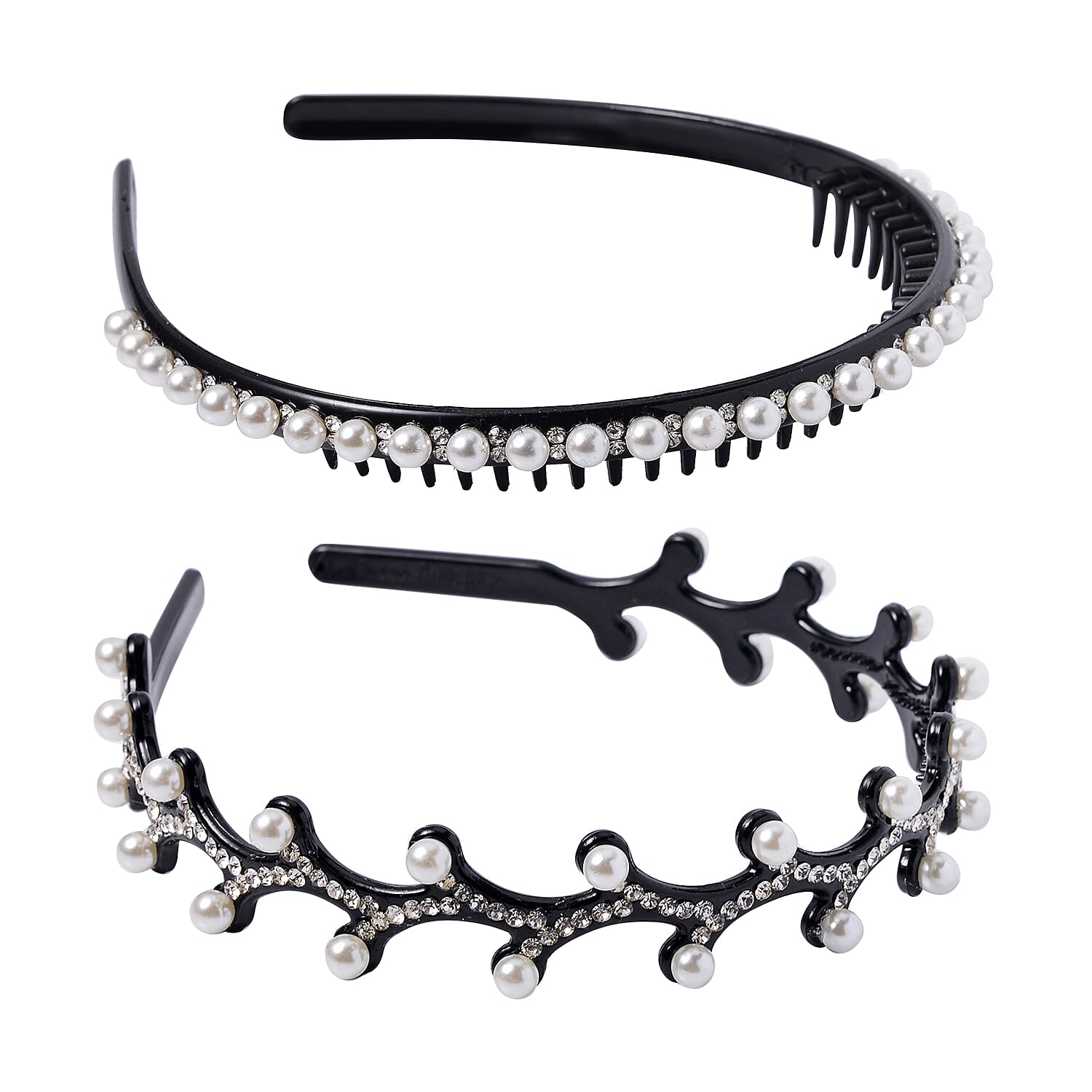 Set of 2 Hair Hoop with Pearl and White Crystal, Hair Accessories for Women, Bridal Pearl and Crystal Headband