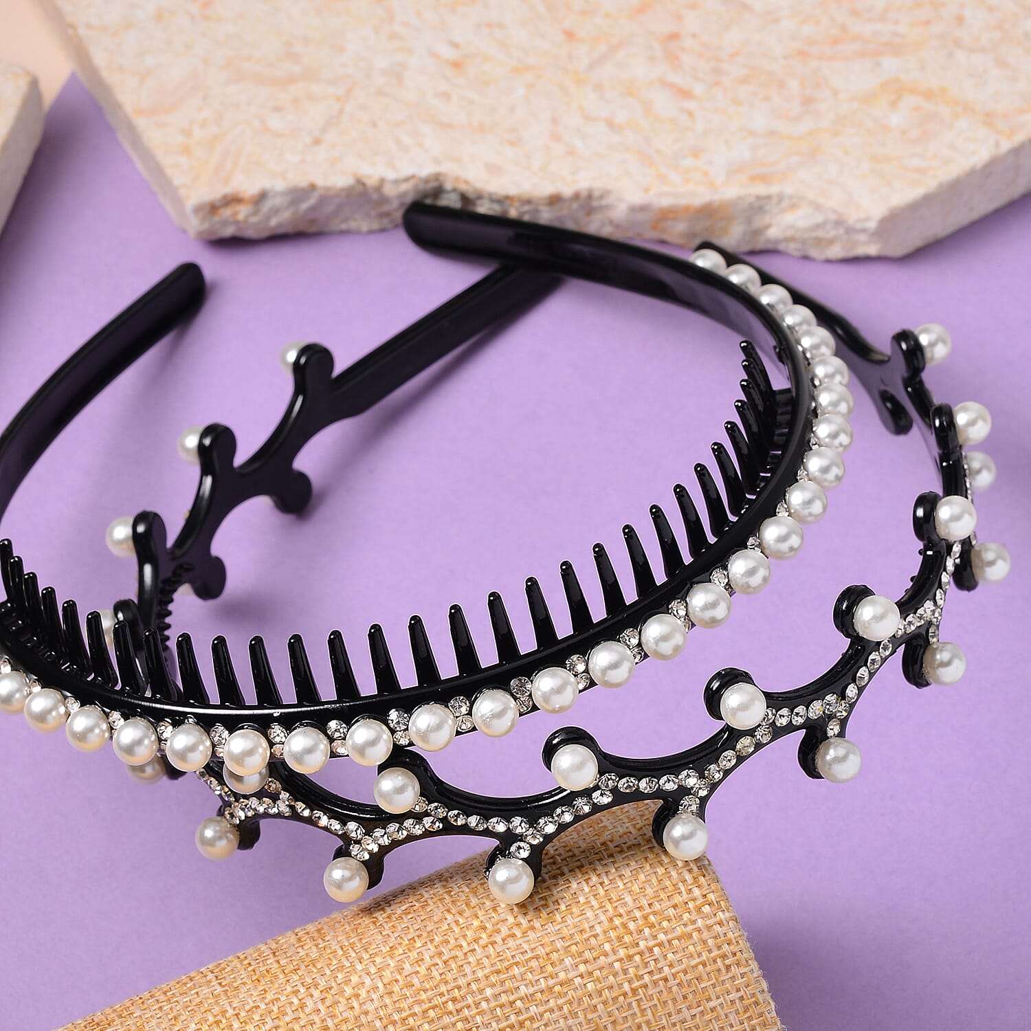 Set of 2 Hair Hoop with Pearl and White Crystal, Hair Accessories for Women, Bridal Pearl and Crystal Headband