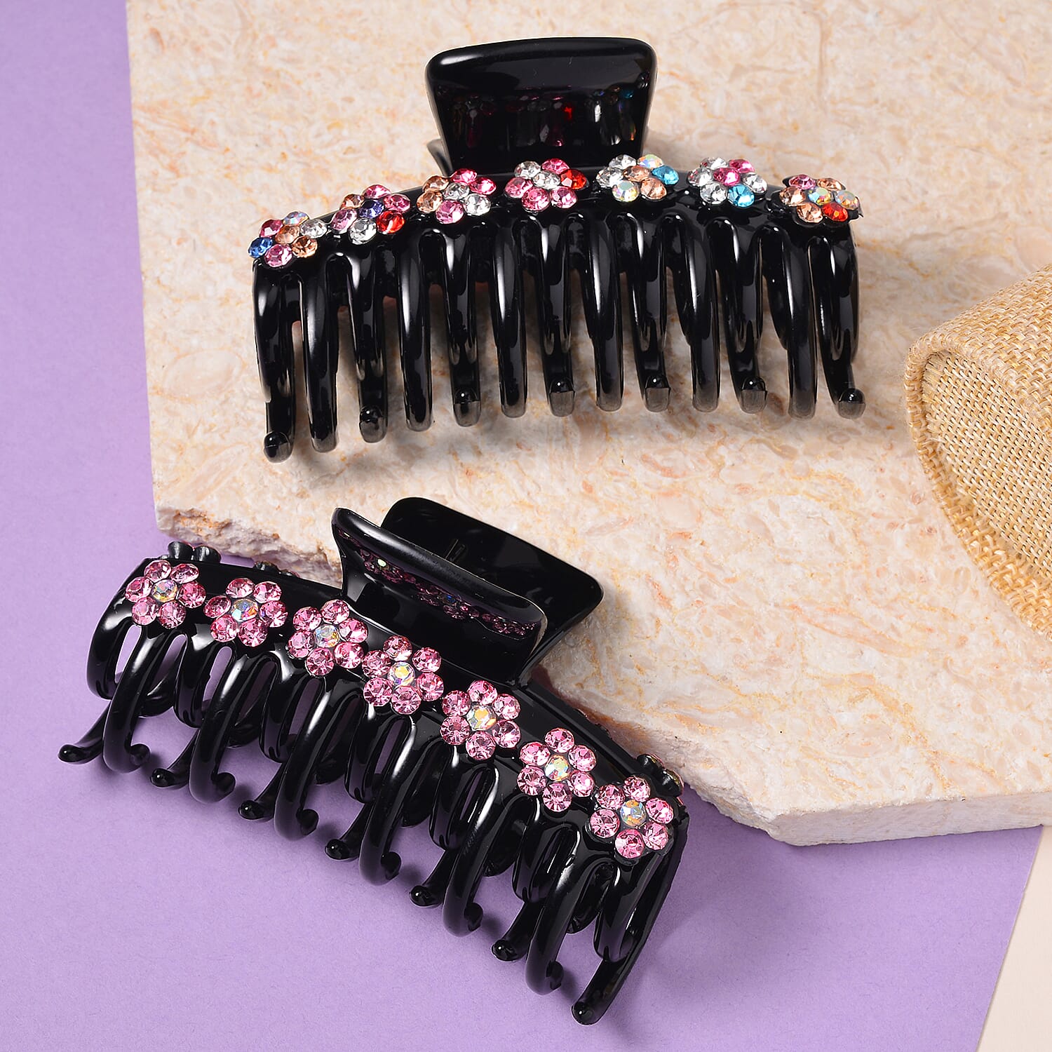 Set of 2 Resin Multi Color Austrian Crystal Hair Claw Clip, Hair Clips for Thick Hair,  Nonslip Hair Claw for Women, Crystal Studded Fashion Accessories