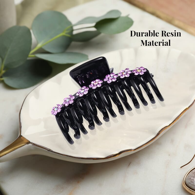Set of 2 Resin White and Purple Austrian Crystal Hair Claw Clip, Hair Clips for Thick Hair,  Nonslip Hair Claw for Women, Crystal Studded Fashion Accessories