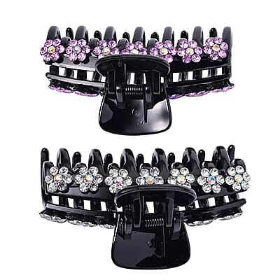 Set of 2 Resin White and Purple Austrian Crystal Hair Claw Clip, Hair Clips for Thick Hair,  Nonslip Hair Claw for Women, Crystal Studded Fashion Accessories