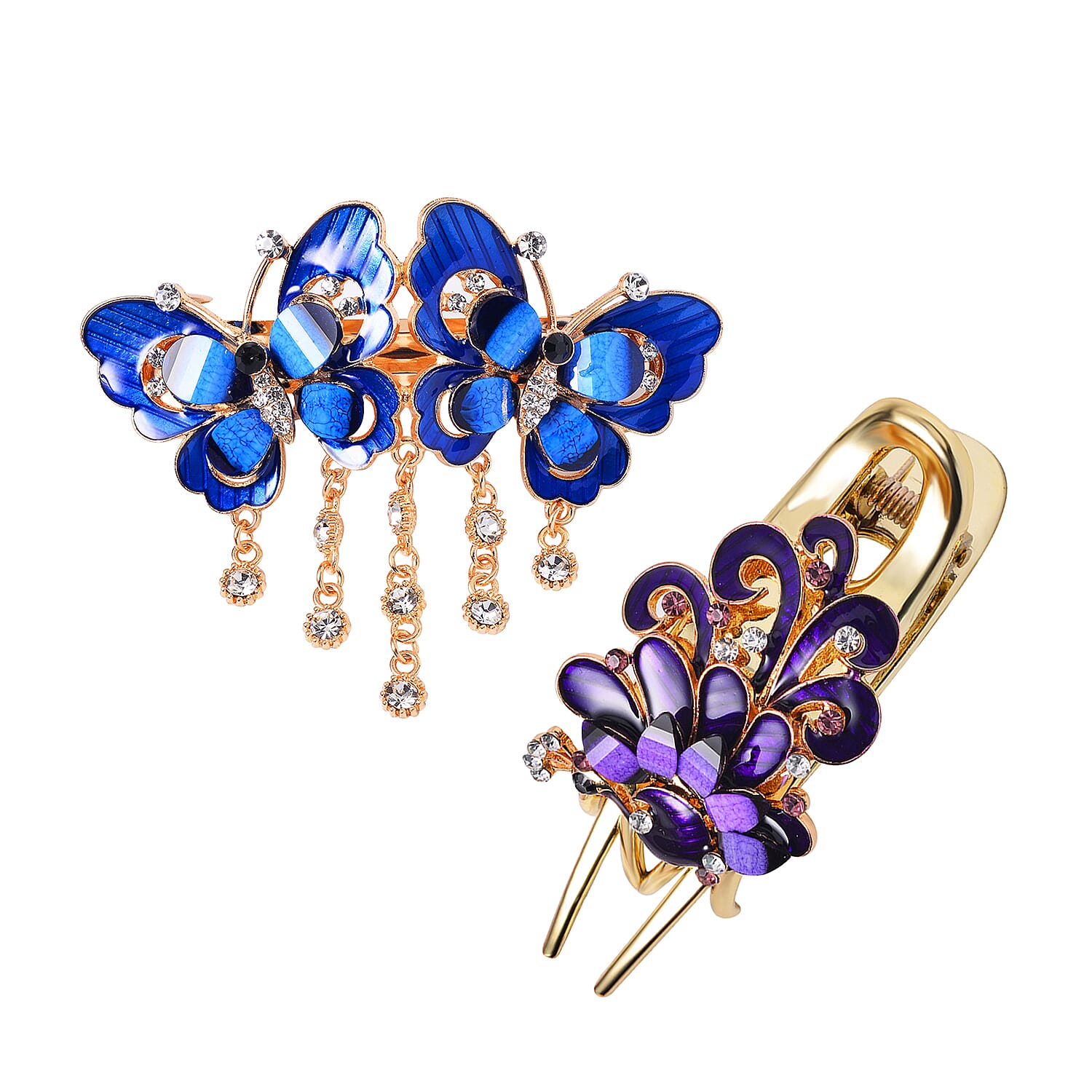 Set of 2 Purple and Blue Resin, Multi Color Austrian Crystal and Enameled Butterfly and Peacock Hair Claw Clip in Goldtone
