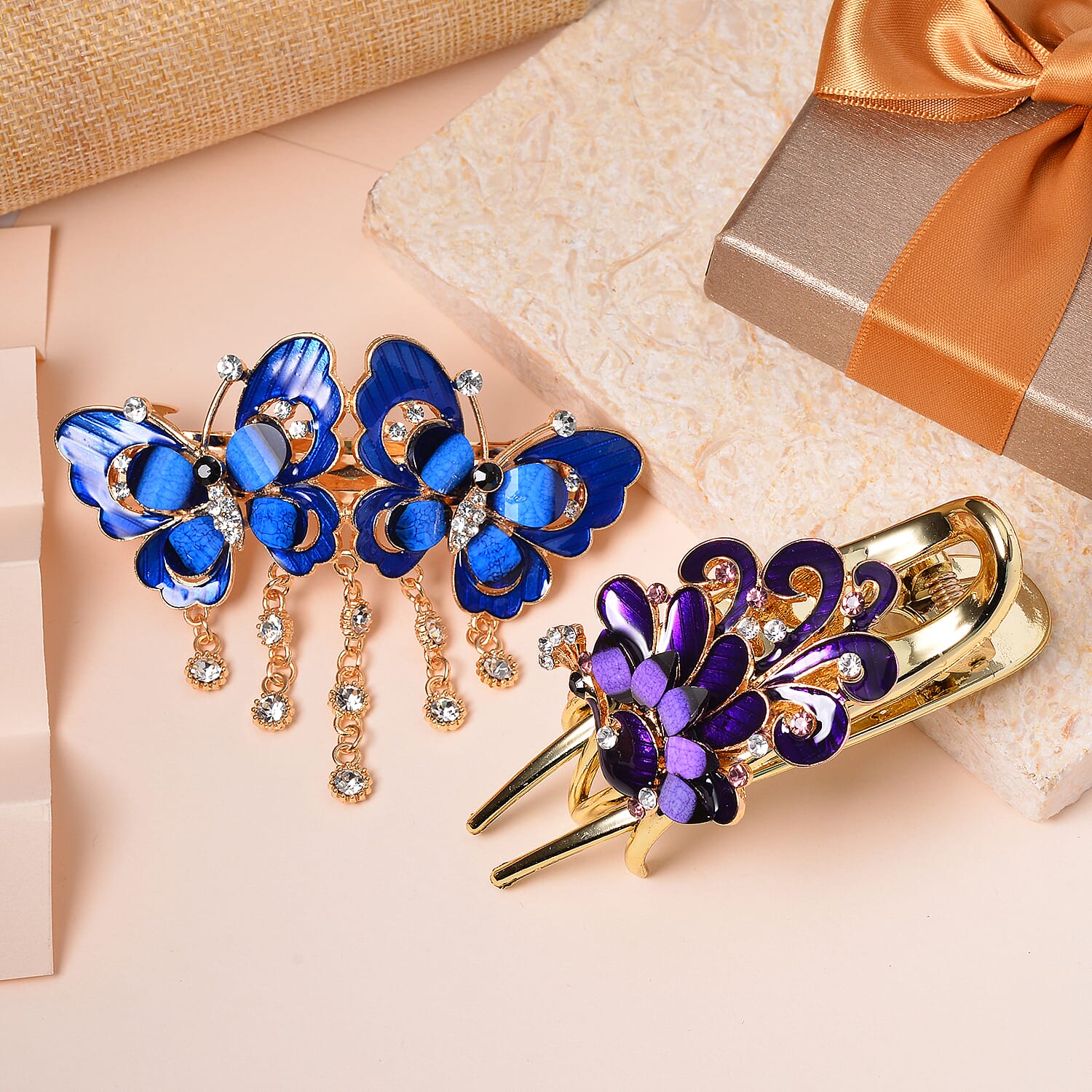 Set of 2 Purple and Blue Resin, Multi Color Austrian Crystal and Enameled Butterfly and Peacock Hair Claw Clip in Goldtone