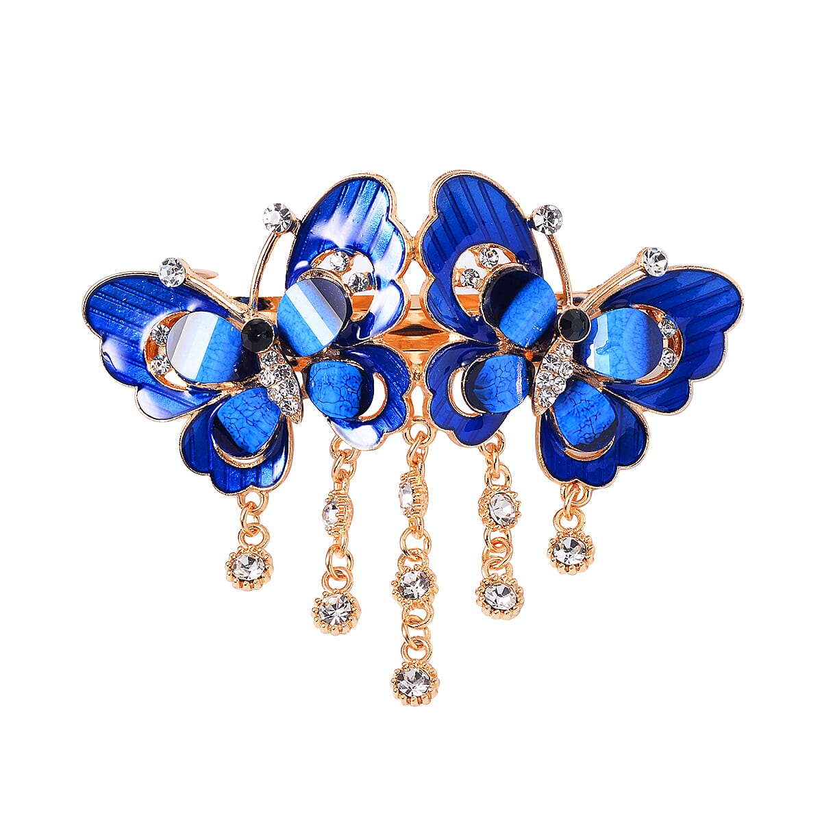 Set of 2 Purple and Blue Resin, Multi Color Austrian Crystal and Enameled Butterfly and Peacock Hair Claw Clip in Goldtone