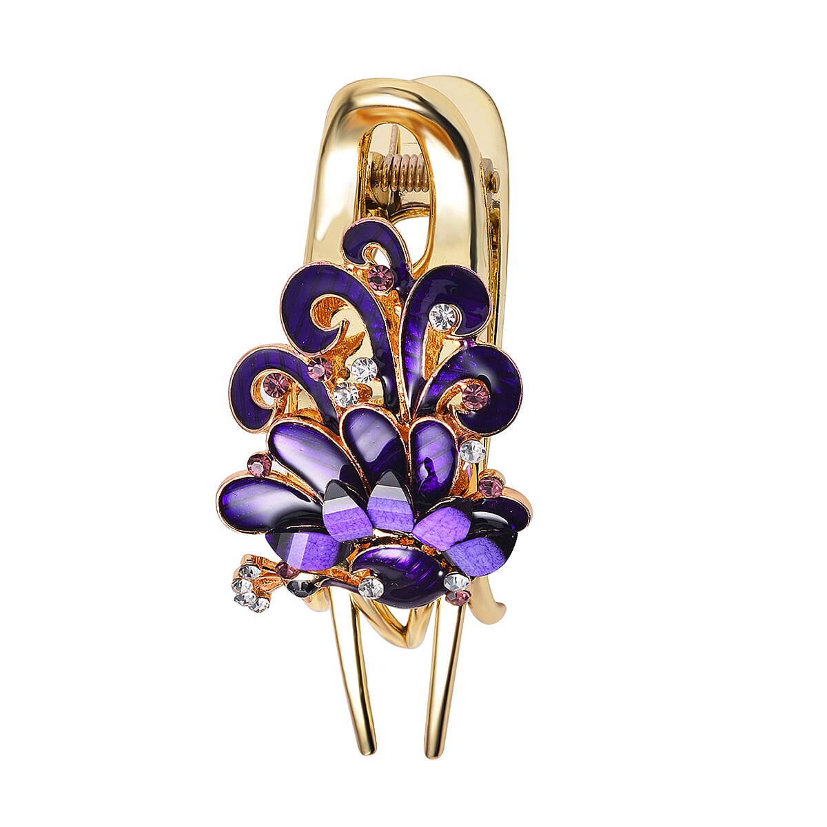 Set of 2 Purple and Blue Resin, Multi Color Austrian Crystal and Enameled Butterfly and Peacock Hair Claw Clip in Goldtone