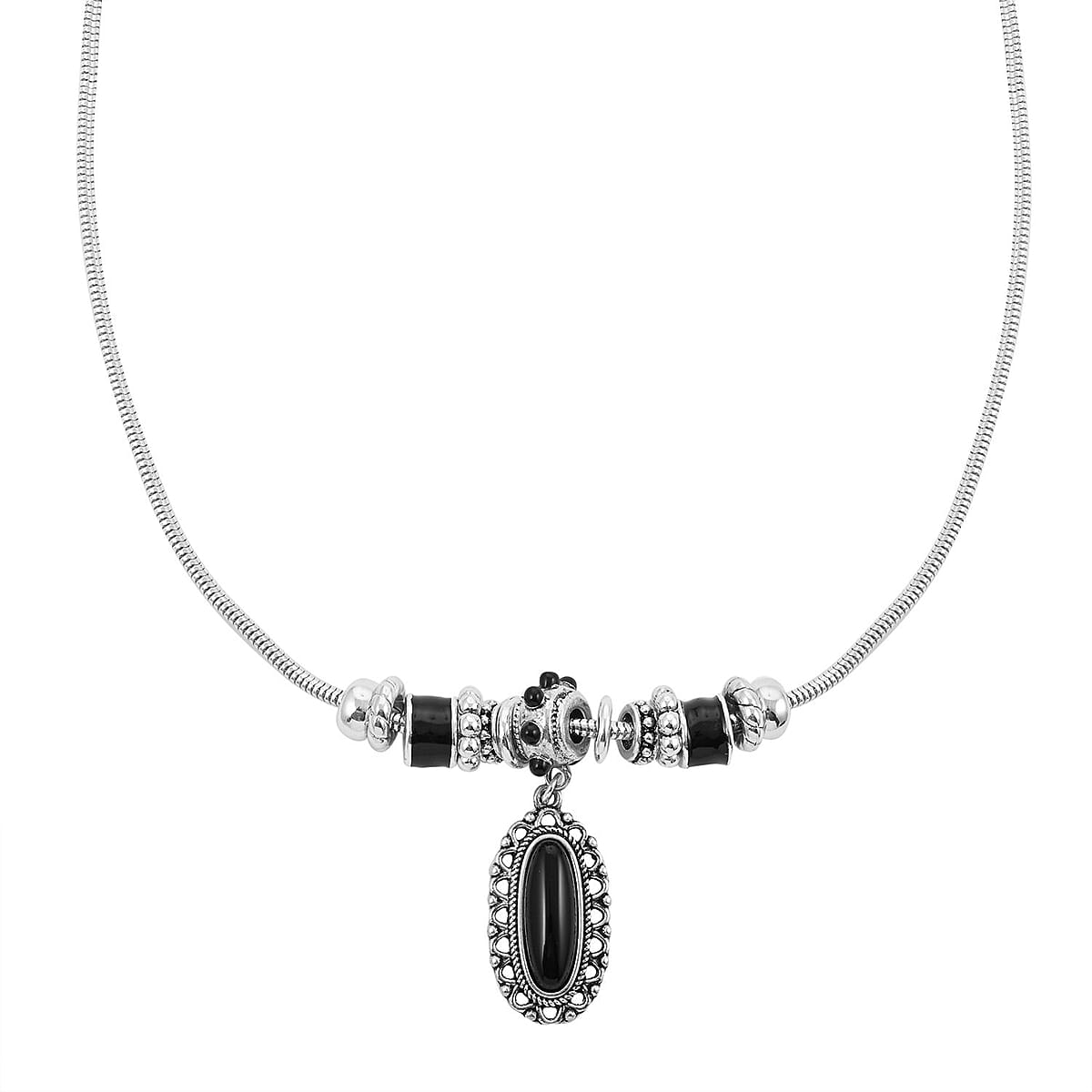 Black Onyx Pendant Necklace (18-21 Inches), Bracelet (7.5-8.5In) and Earrings in Sterling Silver 34.50 ctw image number 1